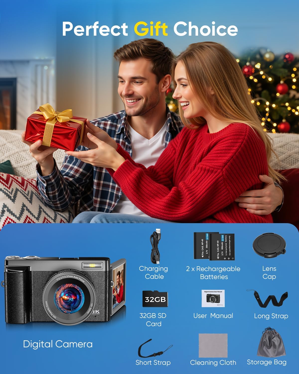 4K 64MP Autofocus Digital Camera, WiFi 180° Flip Screen, 16X Zoom Anti-Shake, Webcam Filters, 32GB Card 2 Batteries, Black Compact Vlogging Camera for Travel YouTube