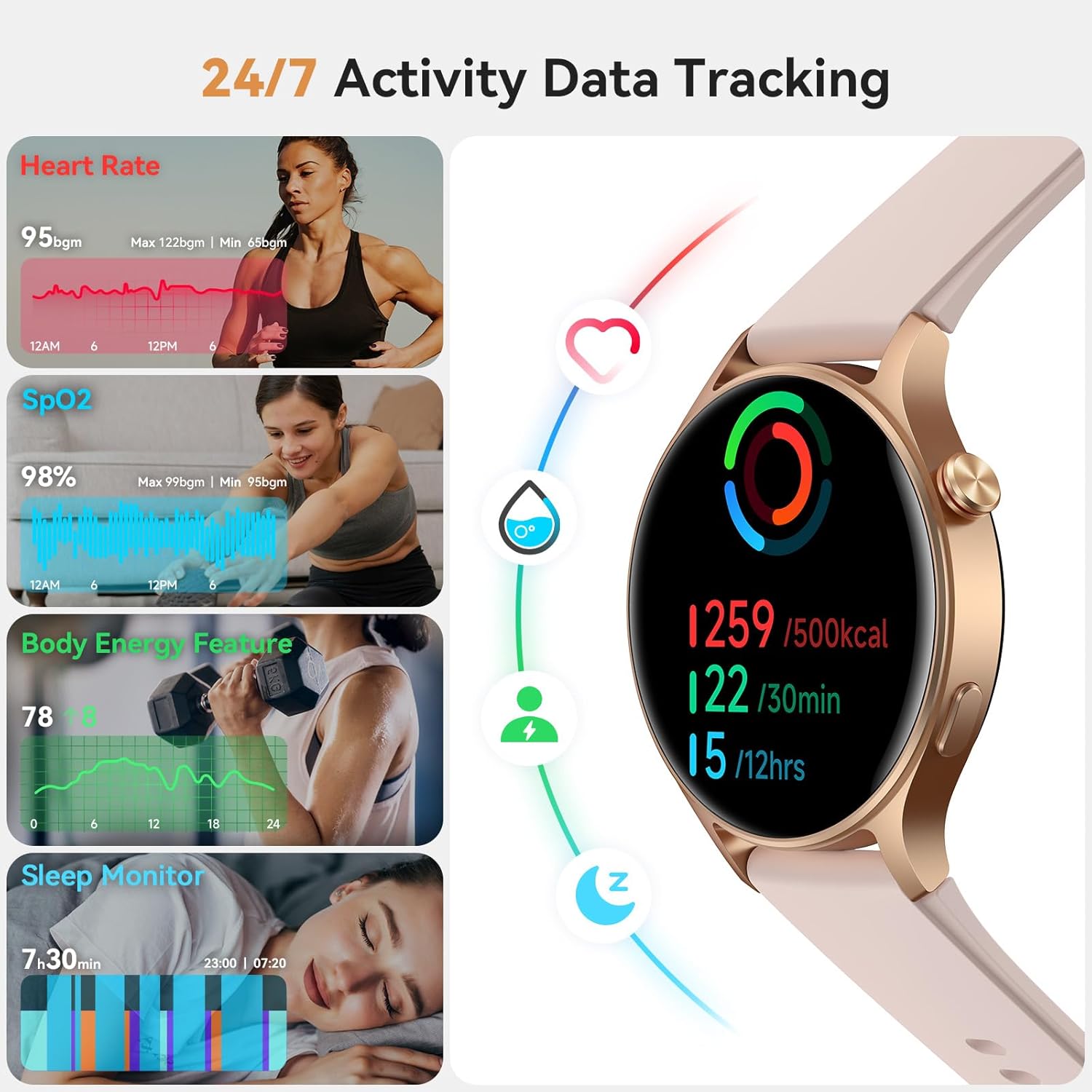 1.32'' AMOLED Women Smart Watch, Bluetooth Calling, 3ATM Waterproof, 110+ Sport Modes, Heart Rate SpO2 Sleep Tracker for iPhone Samsung Android