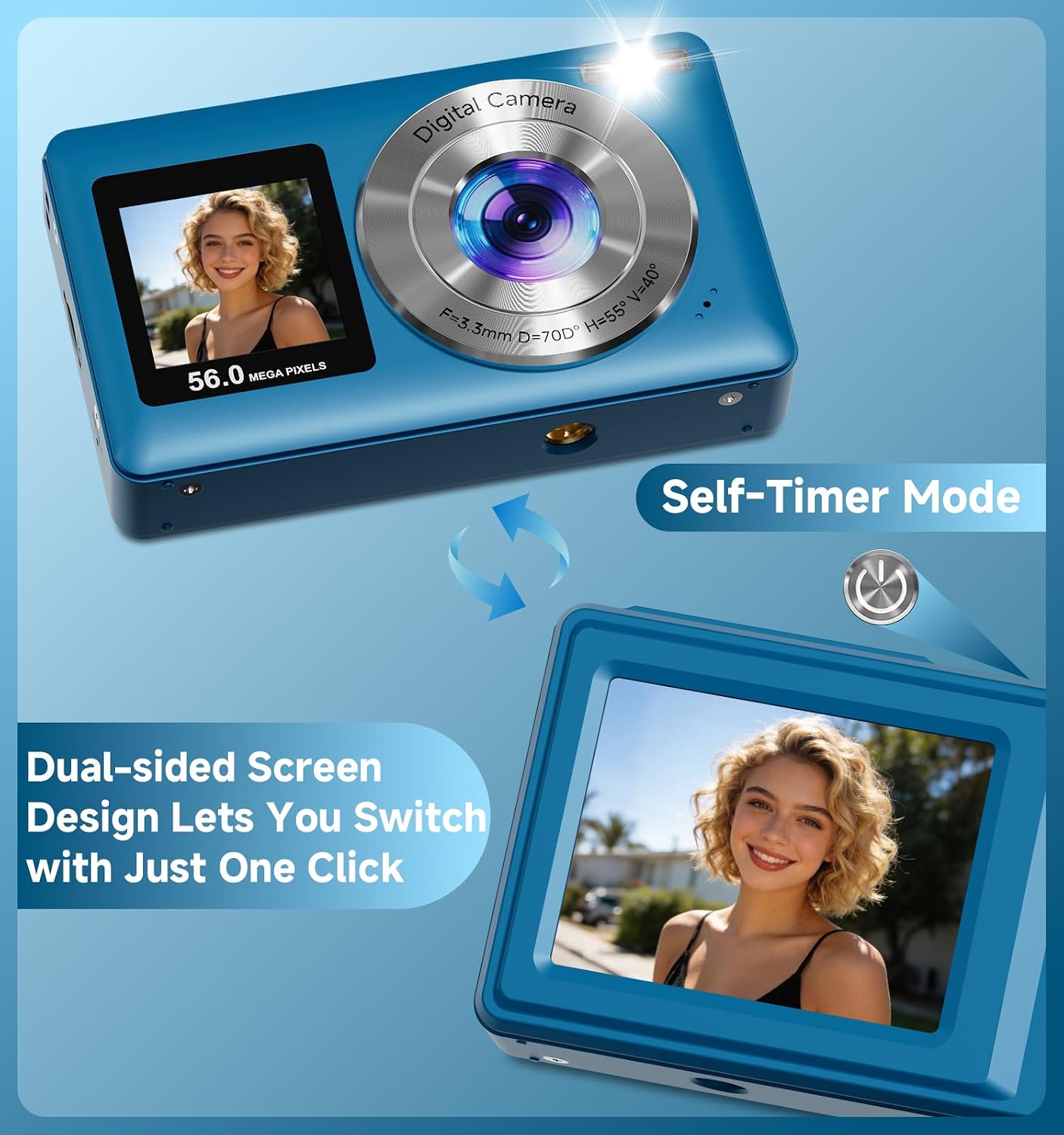 56MP Dual Screen Autofocus Digital Camera, 16X Zoom Anti-Shake, 32GB Card, Compact Vlogging Camera for Teens Adults