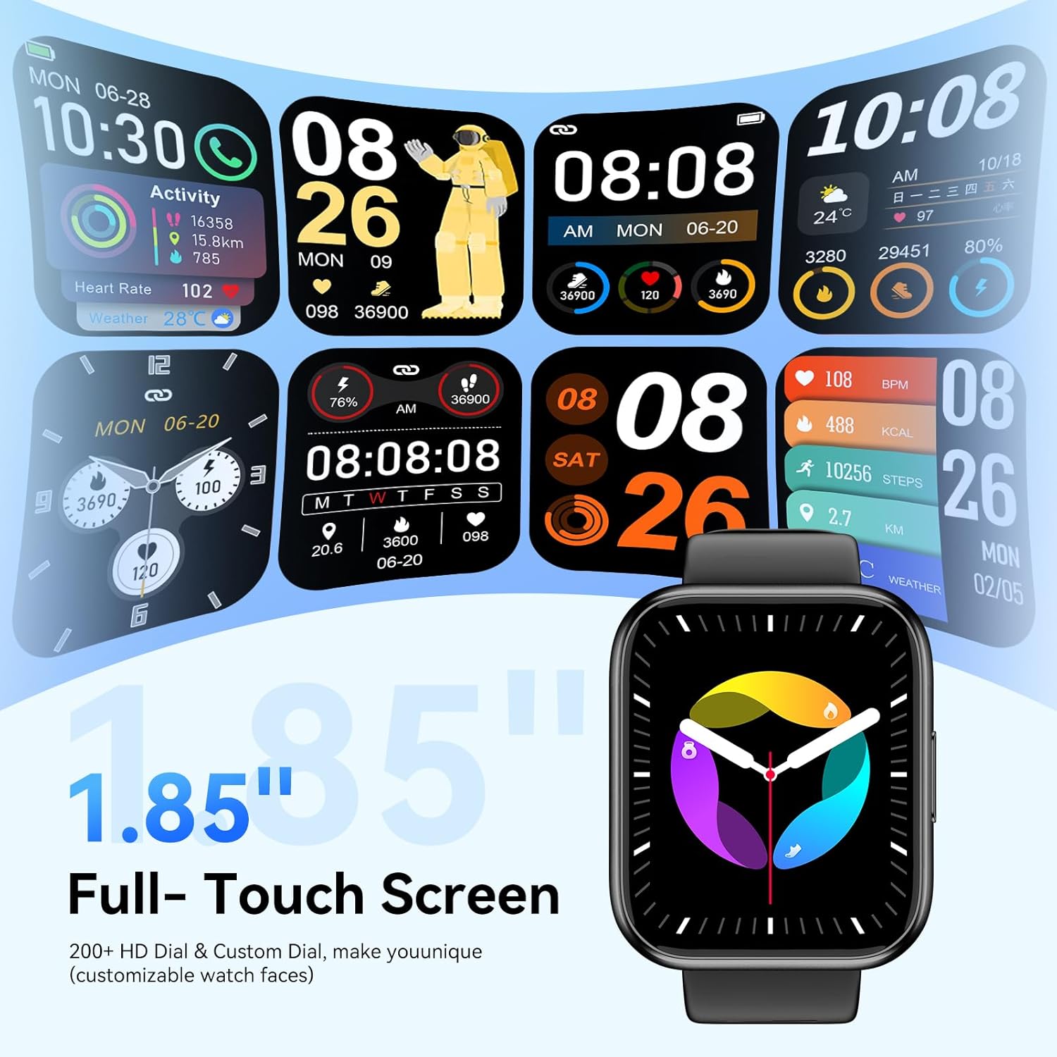 1.85" HD Men Smart Watch, Bluetooth Call Text, 5ATM Waterproof, 7 Days Battery, 130+ Sport Modes, Heart Rate Sleep Tracking for Android iOS