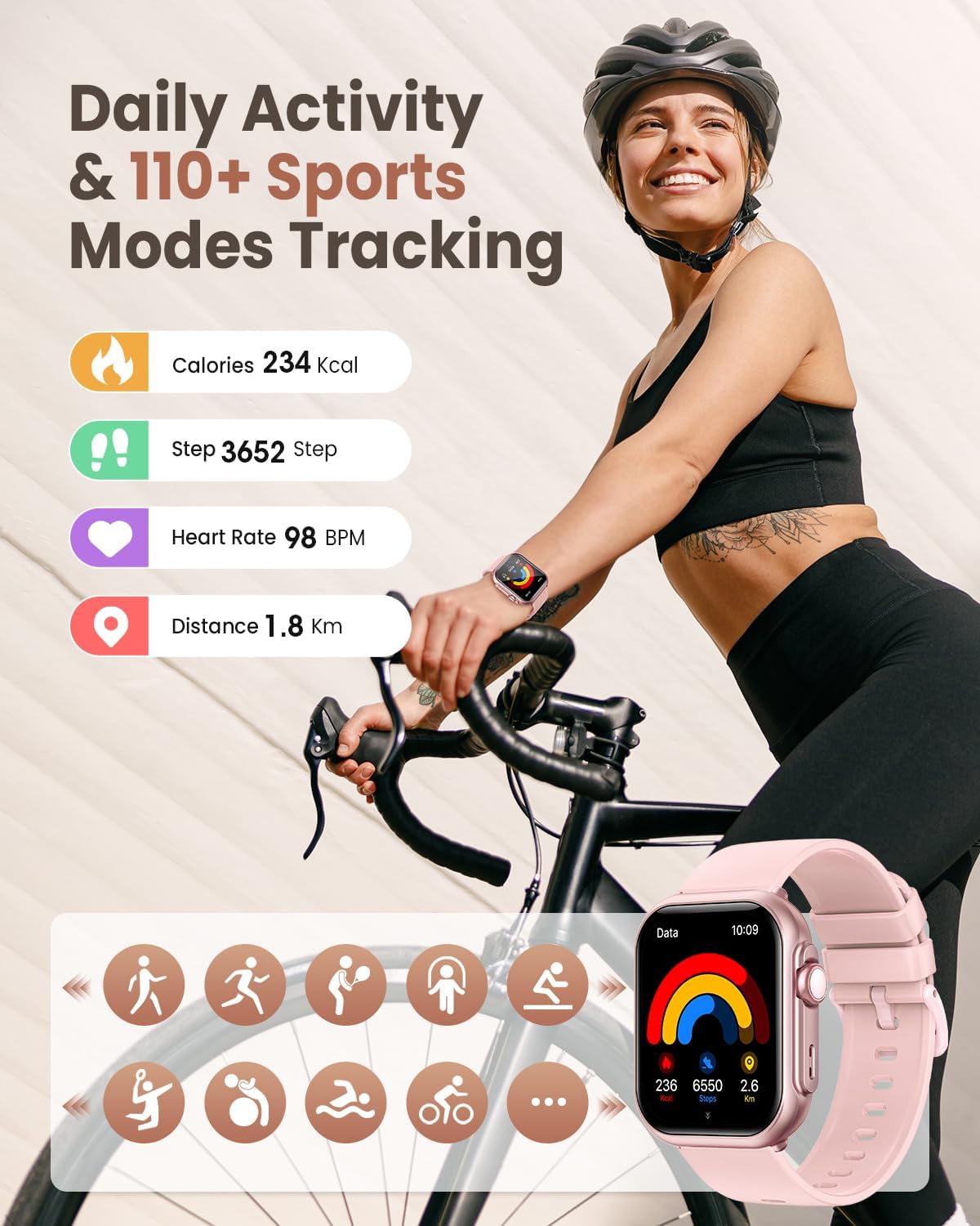 1.83" Women Smart Watch, Android iPhone Compatible, 1000mAh Battery, 5ATM, 110+ Sports Modes, 24/7 Heart Rate SpO2 Sleep & Blood Pressure Monitoring