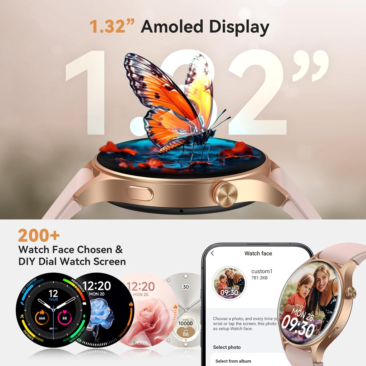 1.32'' AMOLED Women Smart Watch, Bluetooth Calling, 3ATM Waterproof, 110+ Sport Modes, Heart Rate SpO2 Sleep Tracker for iPhone Samsung Android