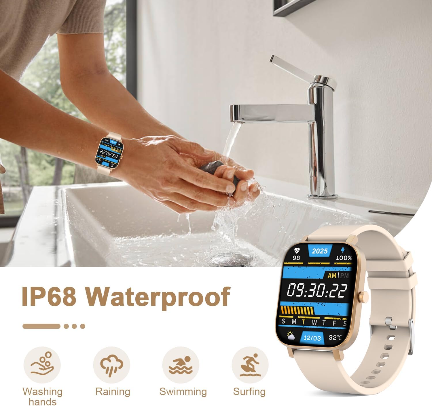 1.69" Full Touch Smart Watch, IP68 Waterproof, Heart Rate Sleep Fitness Tracker for Men Women iPhone Samsung Android