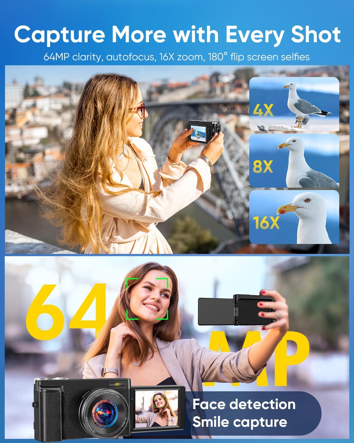 4K 64MP Autofocus Digital Camera, WiFi 180° Flip Screen, 16X Zoom Anti-Shake, Webcam Filters, 32GB Card 2 Batteries, Black Compact Vlogging Camera for Travel YouTube