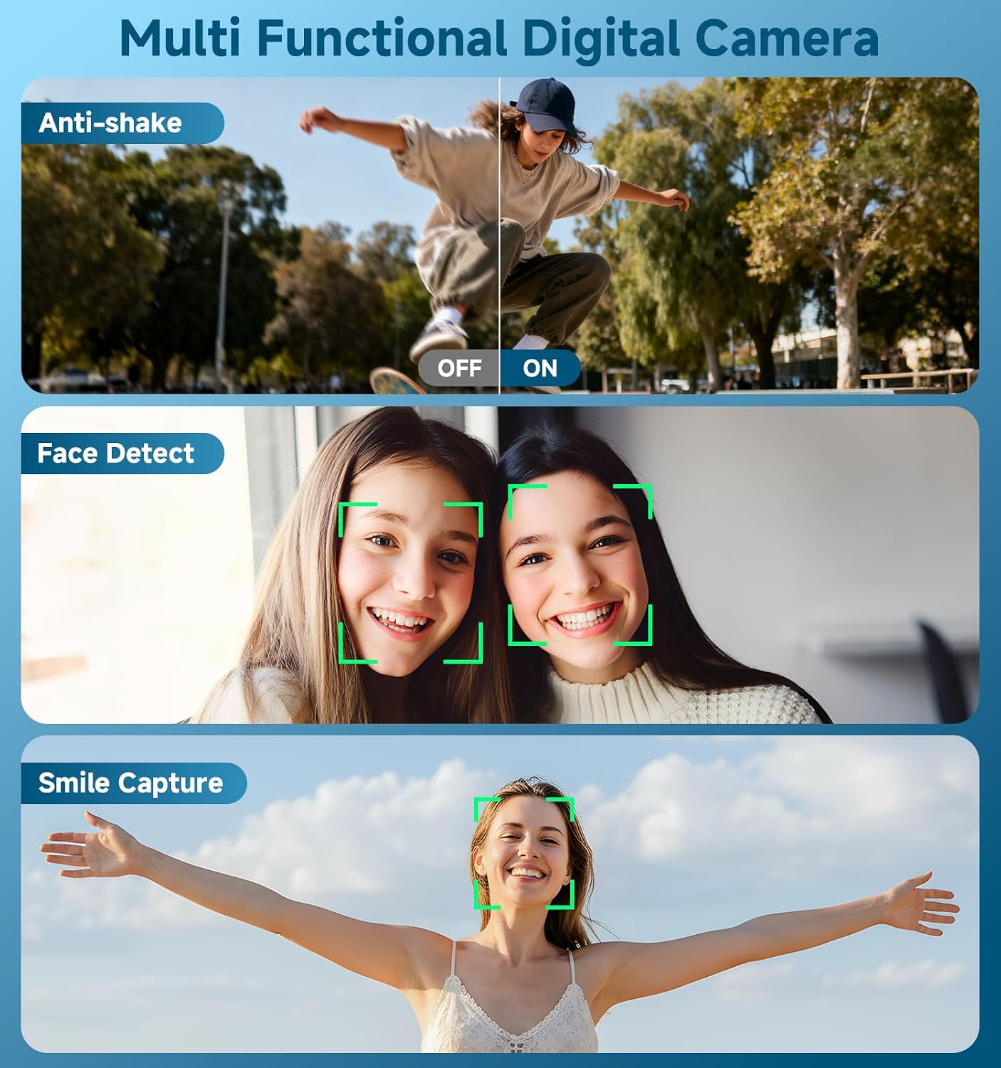 56MP Dual Screen Autofocus Digital Camera, 16X Zoom Anti-Shake, 32GB Card, Compact Vlogging Camera for Teens Adults