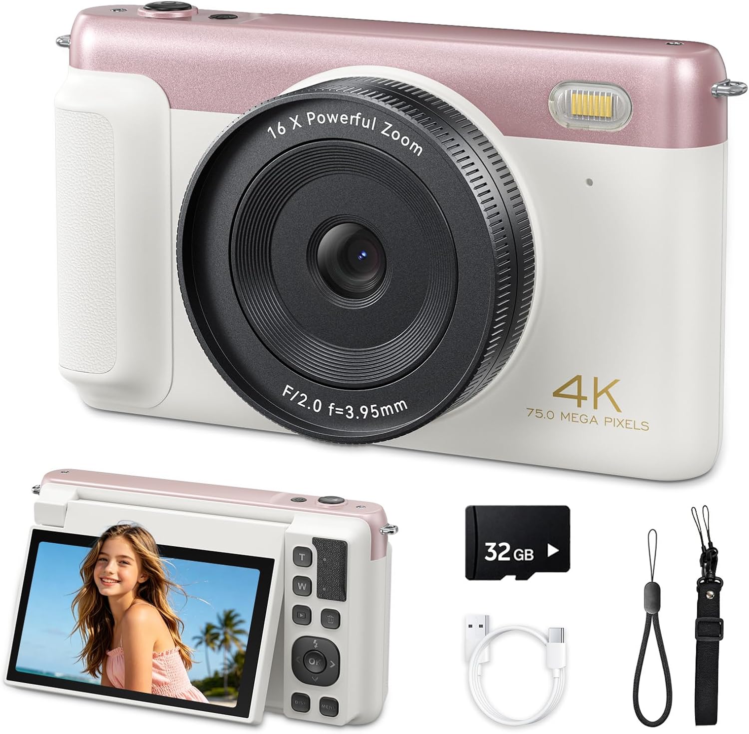 4K 75MP Autofocus WiFi Digital Vlogging Camera, 3'' 180° Flip Screen, 16X Zoom, 32GB TF Card for Kids Teens Beginners