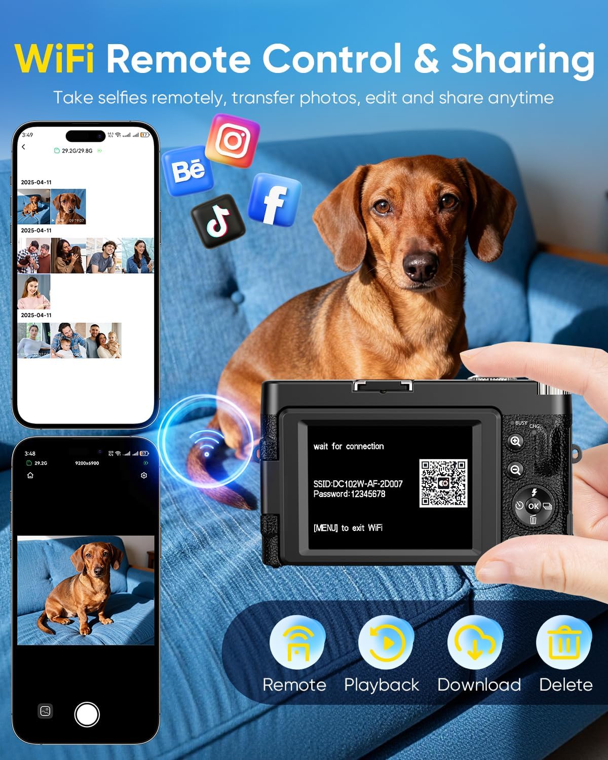 4K 64MP Autofocus Digital Camera, WiFi 180° Flip Screen, 16X Zoom Anti-Shake, Webcam Filters, 32GB Card 2 Batteries, Black Compact Vlogging Camera for Travel YouTube