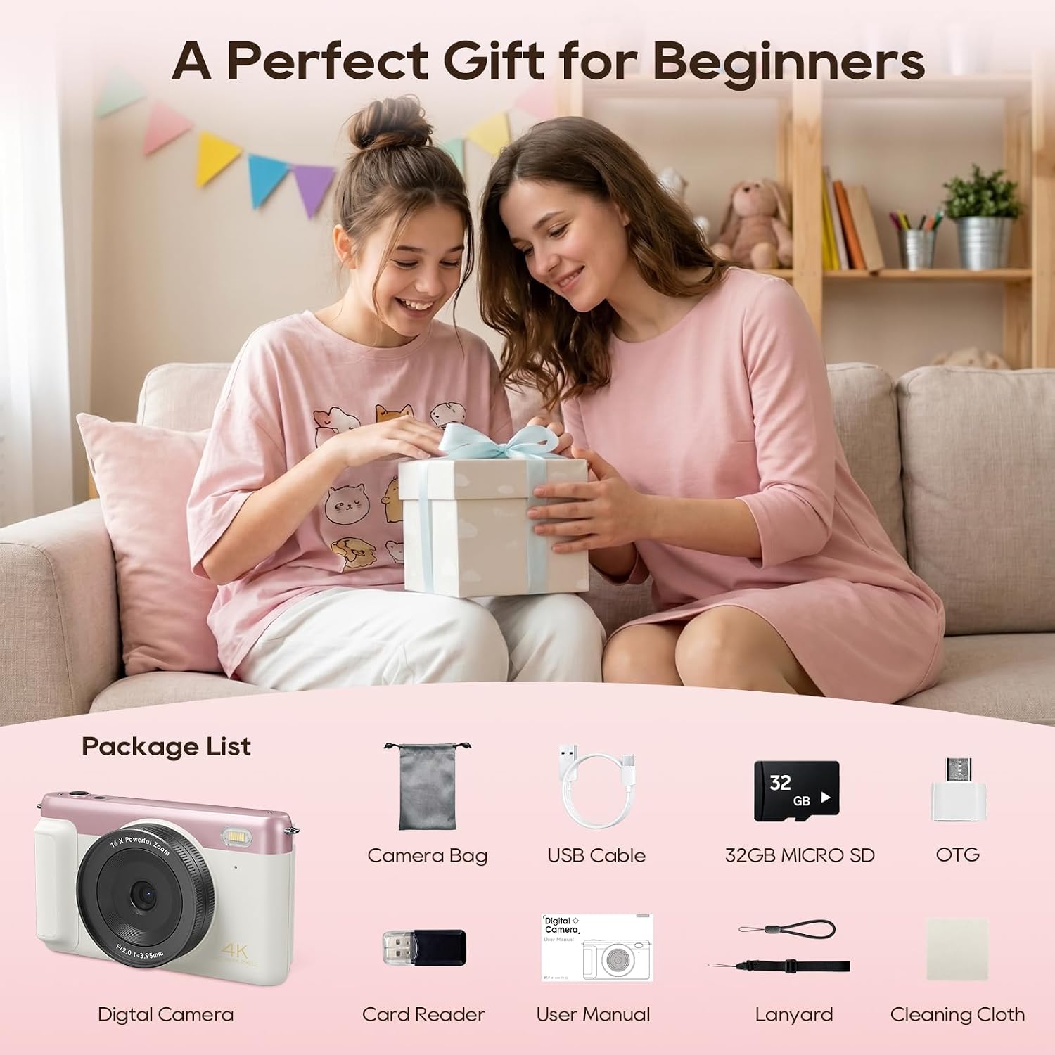 4K 75MP Autofocus WiFi Digital Vlogging Camera, 3'' 180° Flip Screen, 16X Zoom, 32GB TF Card for Kids Teens Beginners