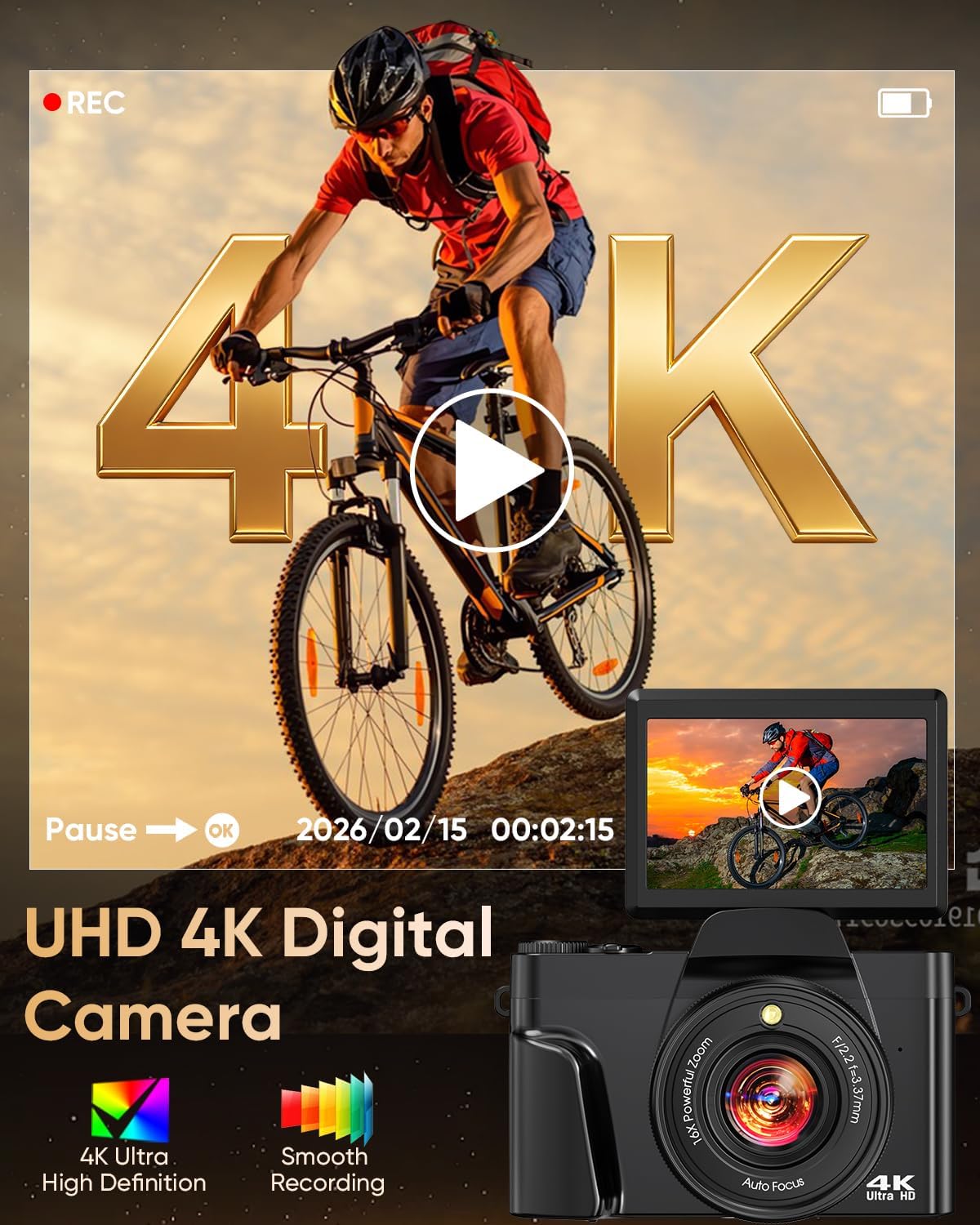 4K 64MP Autofocus Digital Vlogging Camera, WiFi 180° Flip Screen, 16X Zoom Anti-Shake, 32GB Card, 2 Batteries, Black Travel Camera for YouTube Beginners