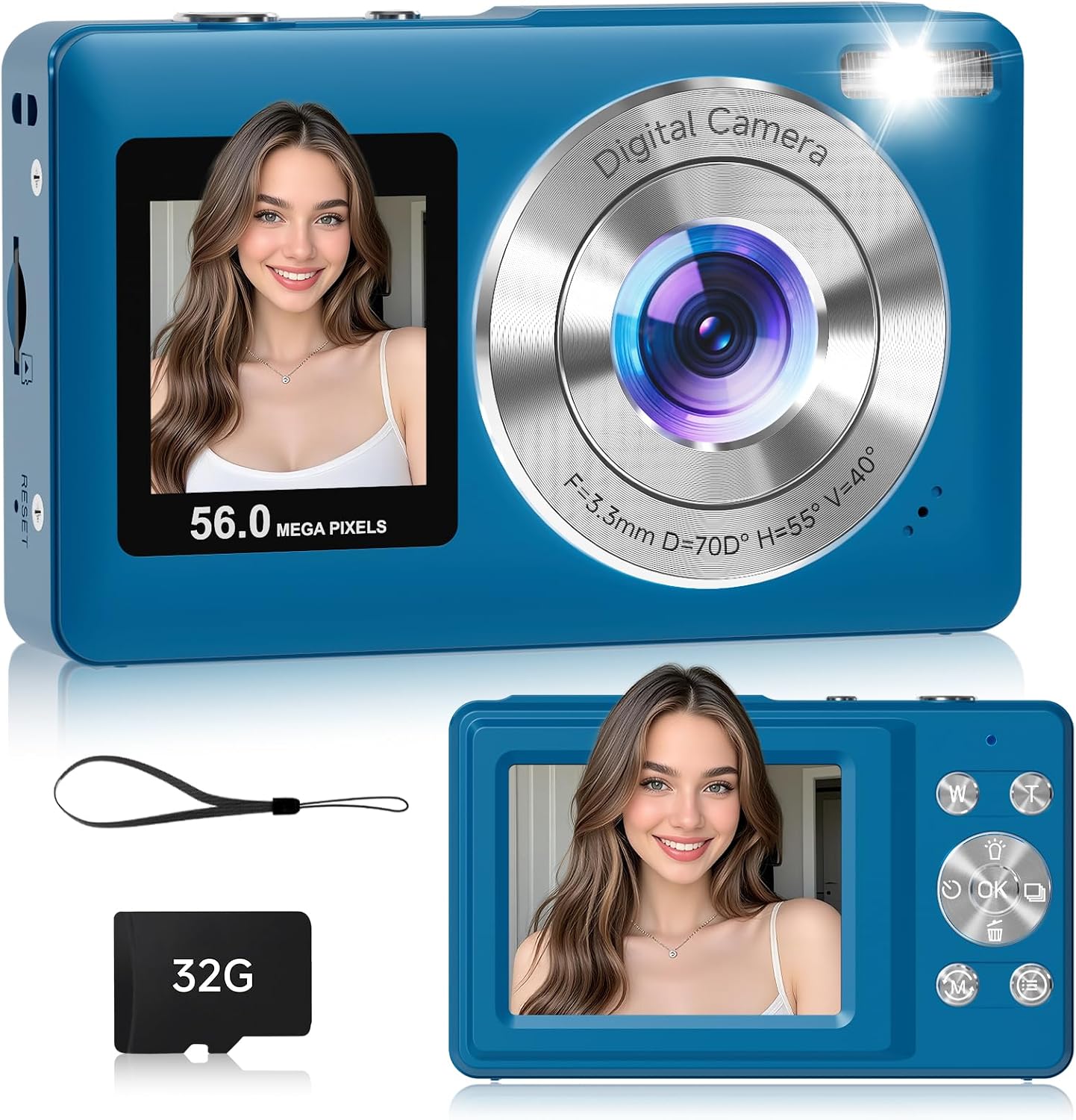56MP Dual Screen Autofocus Digital Camera, 16X Zoom Anti-Shake, 32GB Card, Compact Vlogging Camera for Teens Adults