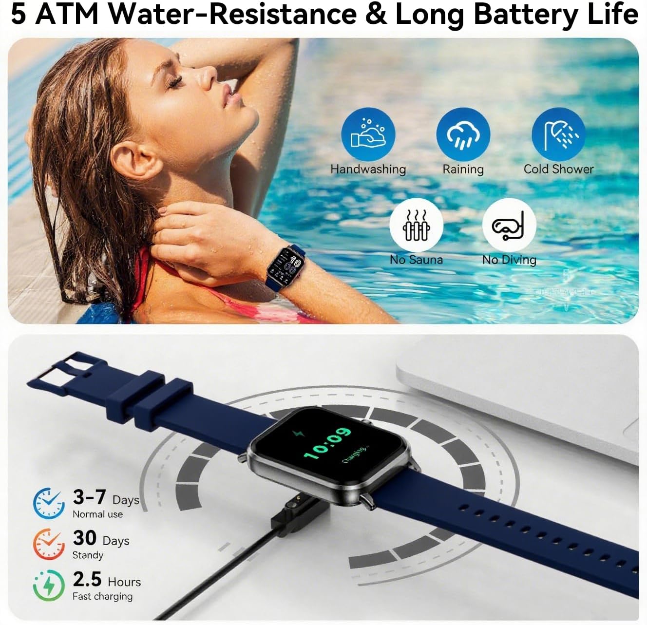 1.83" HD Smart Watch, Bluetooth Calling, 5ATM Waterproof, 130+ Sport Modes, Heart Rate Sleep Pedometer Fitness Tracker for Men Women Android iPhone