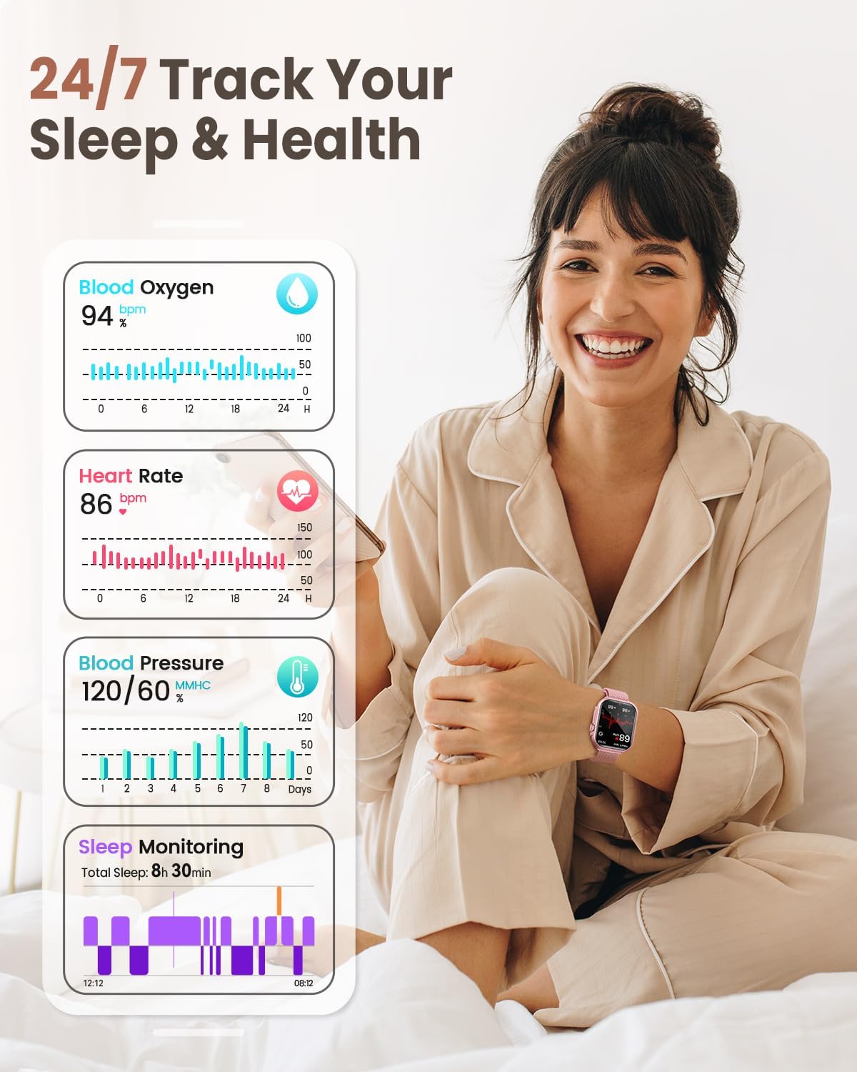 1.83" Women Smart Watch, Android iPhone Compatible, 1000mAh Battery, 5ATM, 110+ Sports Modes, 24/7 Heart Rate SpO2 Sleep & Blood Pressure Monitoring