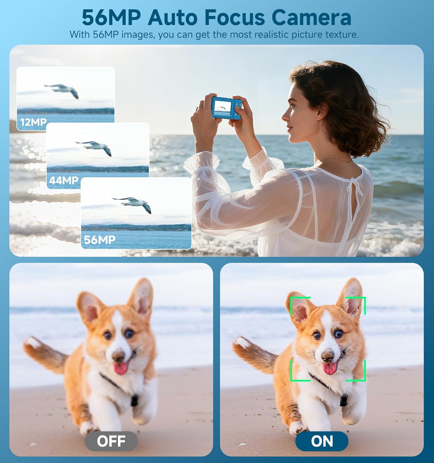 56MP Dual Screen Autofocus Digital Camera, 16X Zoom Anti-Shake, 32GB Card, Compact Vlogging Camera for Teens Adults