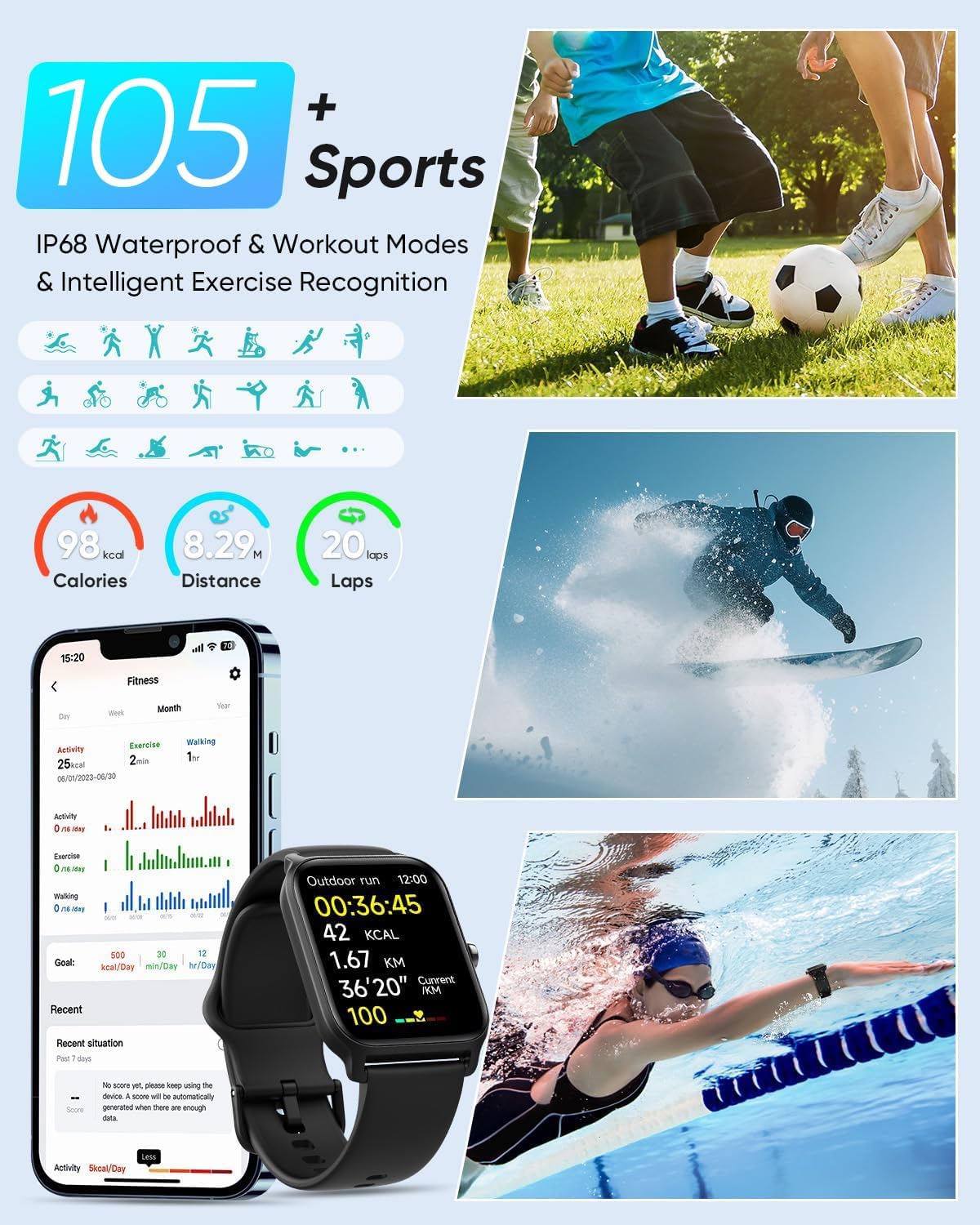 1.8" HD Men Smart Watch, Alexa Built-in, Bluetooth Calling, IP68 Waterproof, 105+ Sports Modes, Heart Rate SpO2 Sleep Tracker for Android iPhone