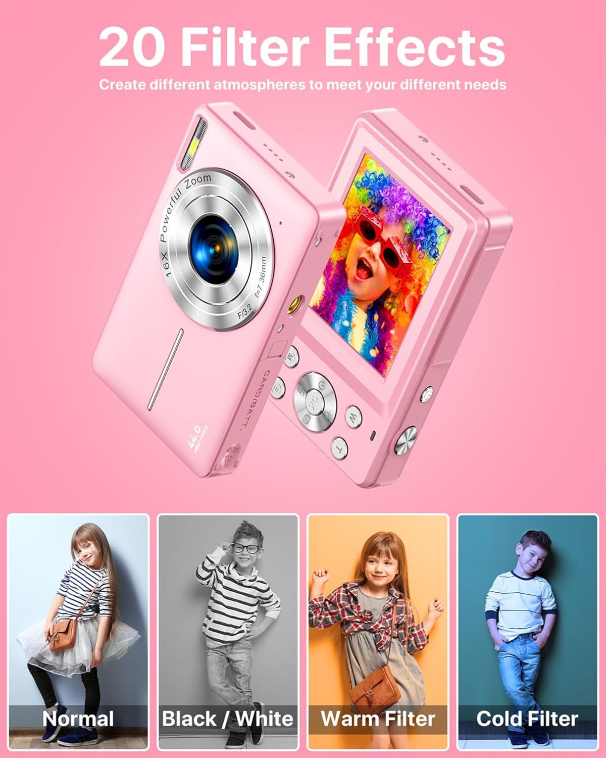 FHD 1080P Digital Camera, 16X Zoom Anti Shake, SD Card & Wrist Strap, Compact Point and Shoot Camera for Kids Teens Seniors