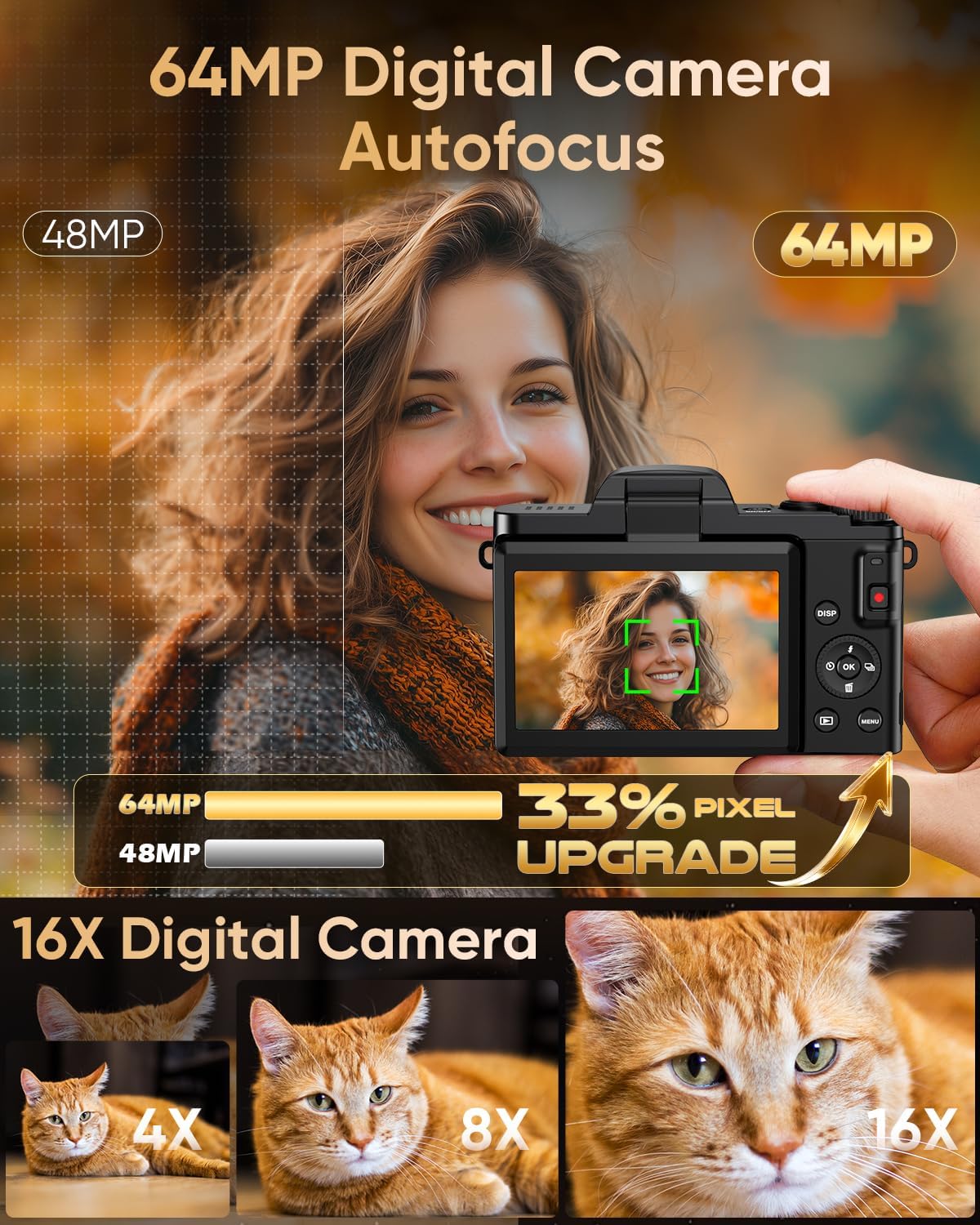 4K 64MP Autofocus Digital Vlogging Camera, WiFi 180° Flip Screen, 16X Zoom Anti-Shake, 32GB Card, 2 Batteries, Black Travel Camera for YouTube Beginners