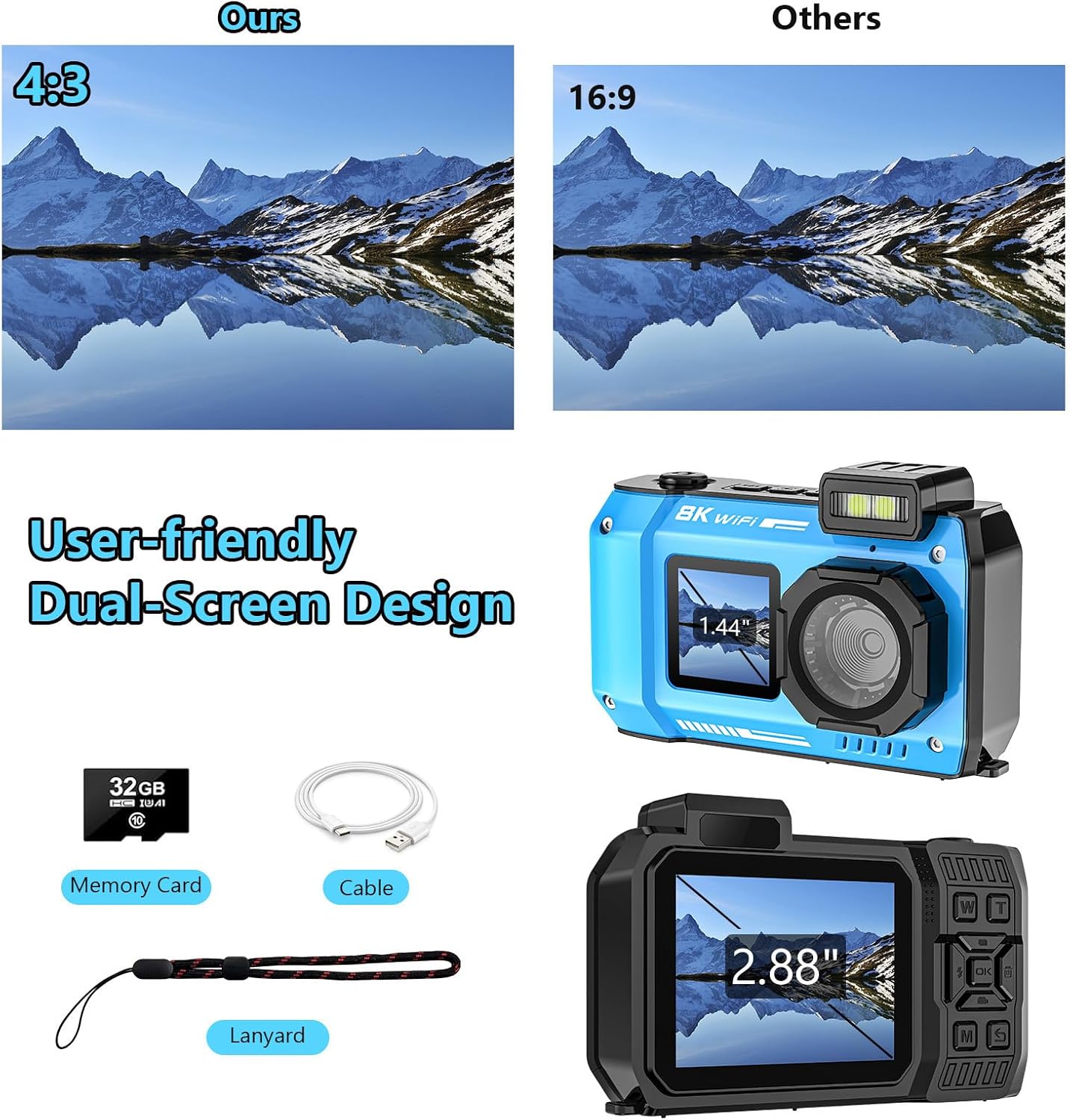 8K 70MP Underwater Camera, 33FT WiFi Waterproof Camera 32GB, Dual Screen, Floatable, 18X Zoom for Snorkeling Swimming