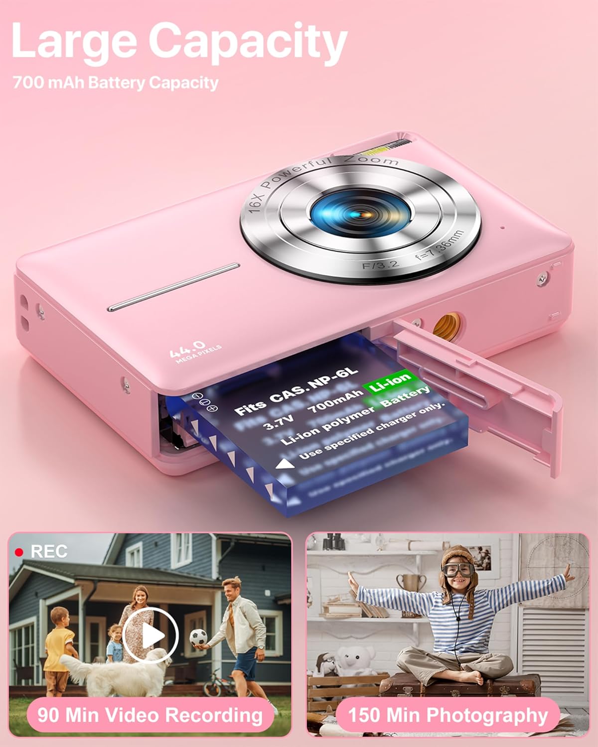FHD 1080P Digital Camera, 16X Zoom Anti Shake, SD Card & Wrist Strap, Compact Point and Shoot Camera for Kids Teens Seniors
