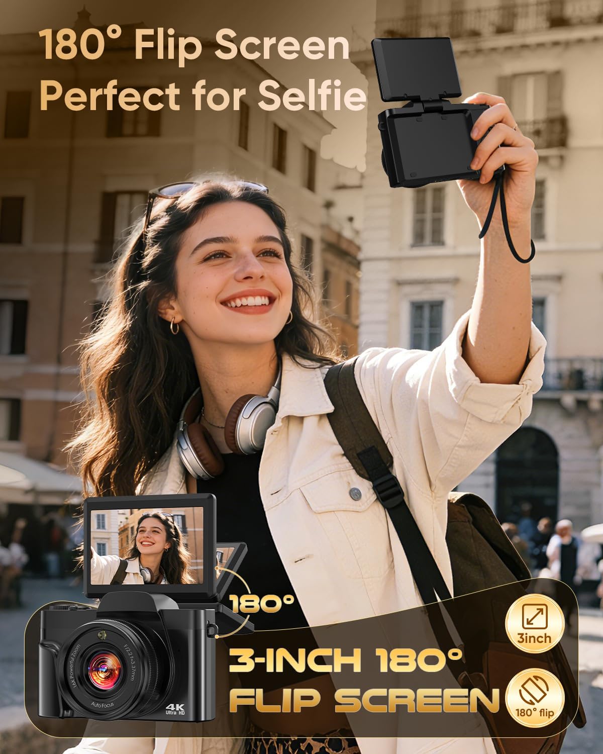 4K 64MP Autofocus Digital Vlogging Camera, WiFi 180° Flip Screen, 16X Zoom Anti-Shake, 32GB Card, 2 Batteries, Black Travel Camera for YouTube Beginners