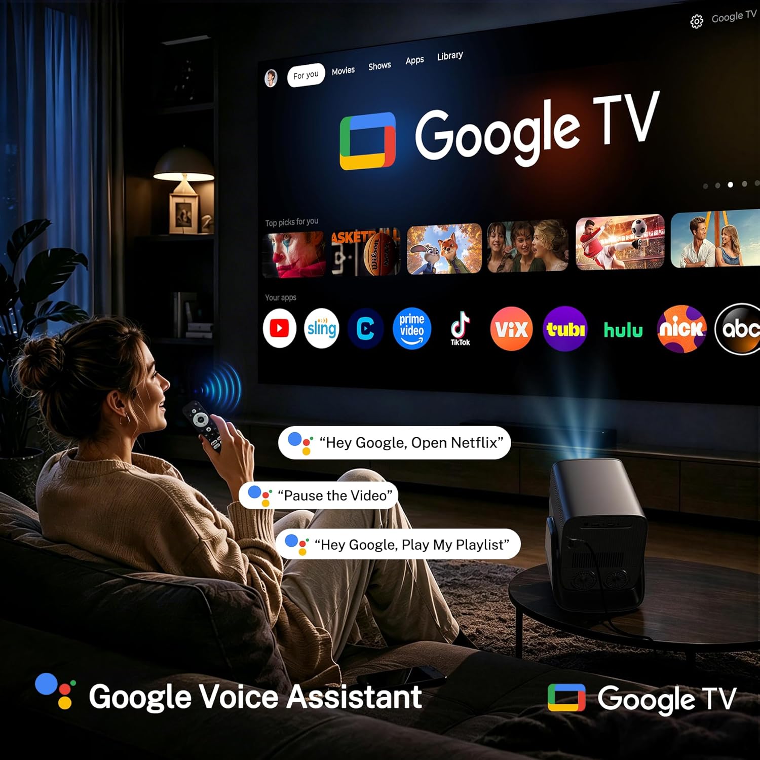 1080P Smart Projector 4K Supported, 2000 ANSI, Google TV, Voice Control, AI Auto Focus, HDR10, WiFi Bluetooth Portable Projector for Home & Outdoor