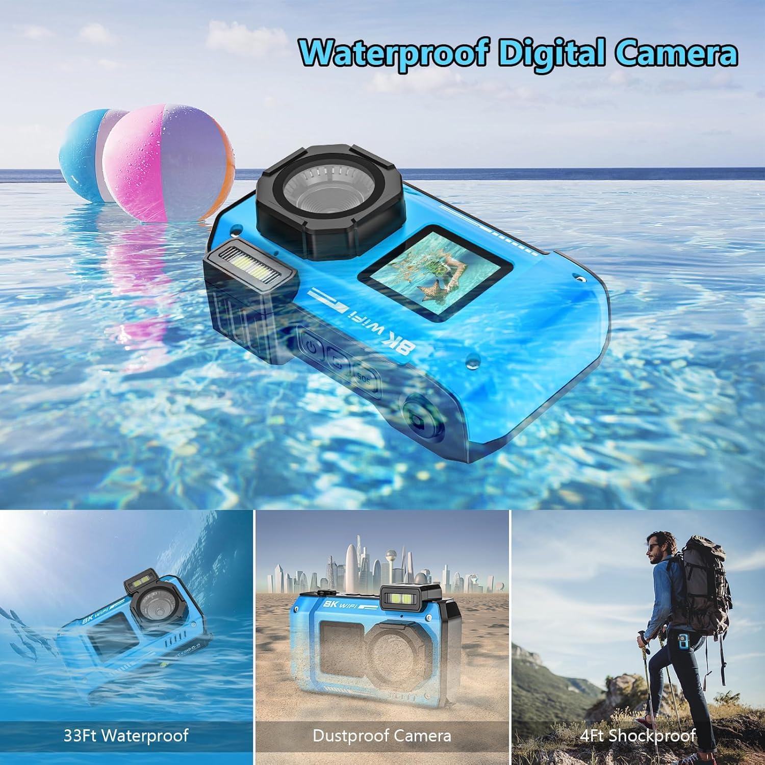 8K 70MP Underwater Camera, 33FT WiFi Waterproof Camera 32GB, Dual Screen, Floatable, 18X Zoom for Snorkeling Swimming