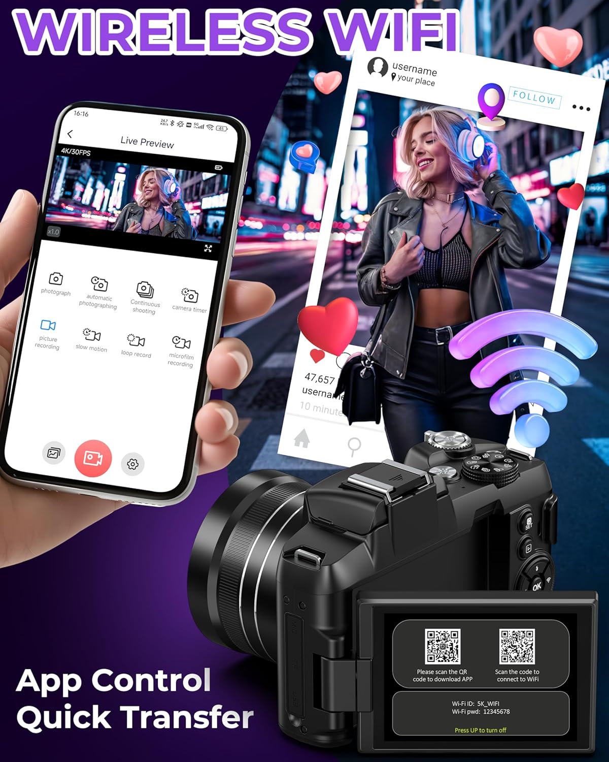 5K 80MP Fast Autofocus Digital Camera, WiFi 270° Flip Screen, 18X Zoom, Memory Card & Lens Hood, Vlogging Travel Camera for Beginners