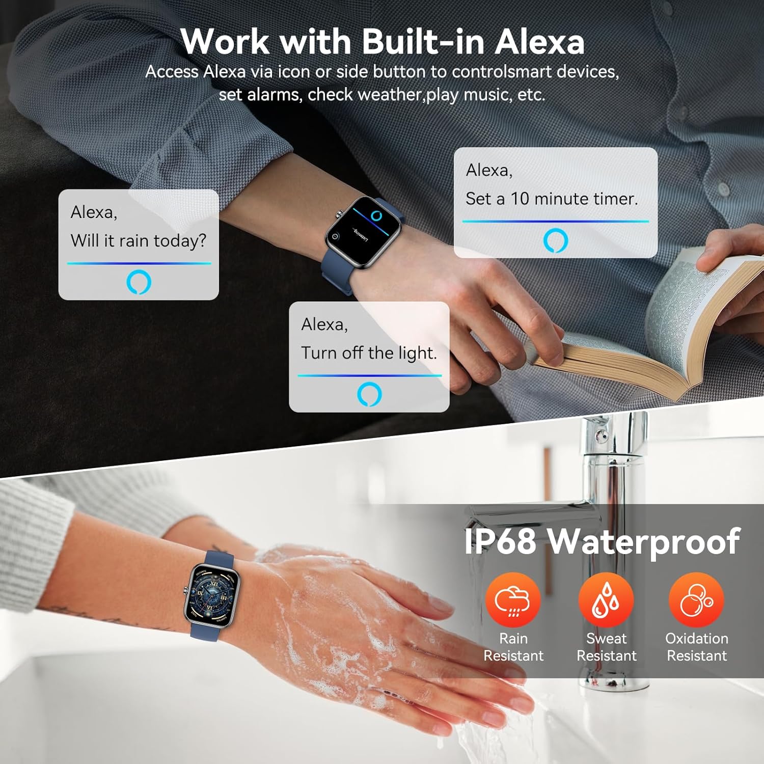 1.83" Full Touch Men Smart Watch, Alexa Built-in, Bluetooth Calling, IP68 Waterproof, 130+ Sport Modes, Heart Rate Sleep Tracker for Android iOS