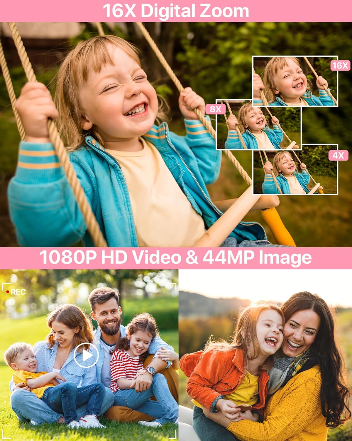 FHD 1080P Digital Camera, 16X Zoom Anti Shake, SD Card & Wrist Strap, Compact Point and Shoot Camera for Kids Teens Seniors
