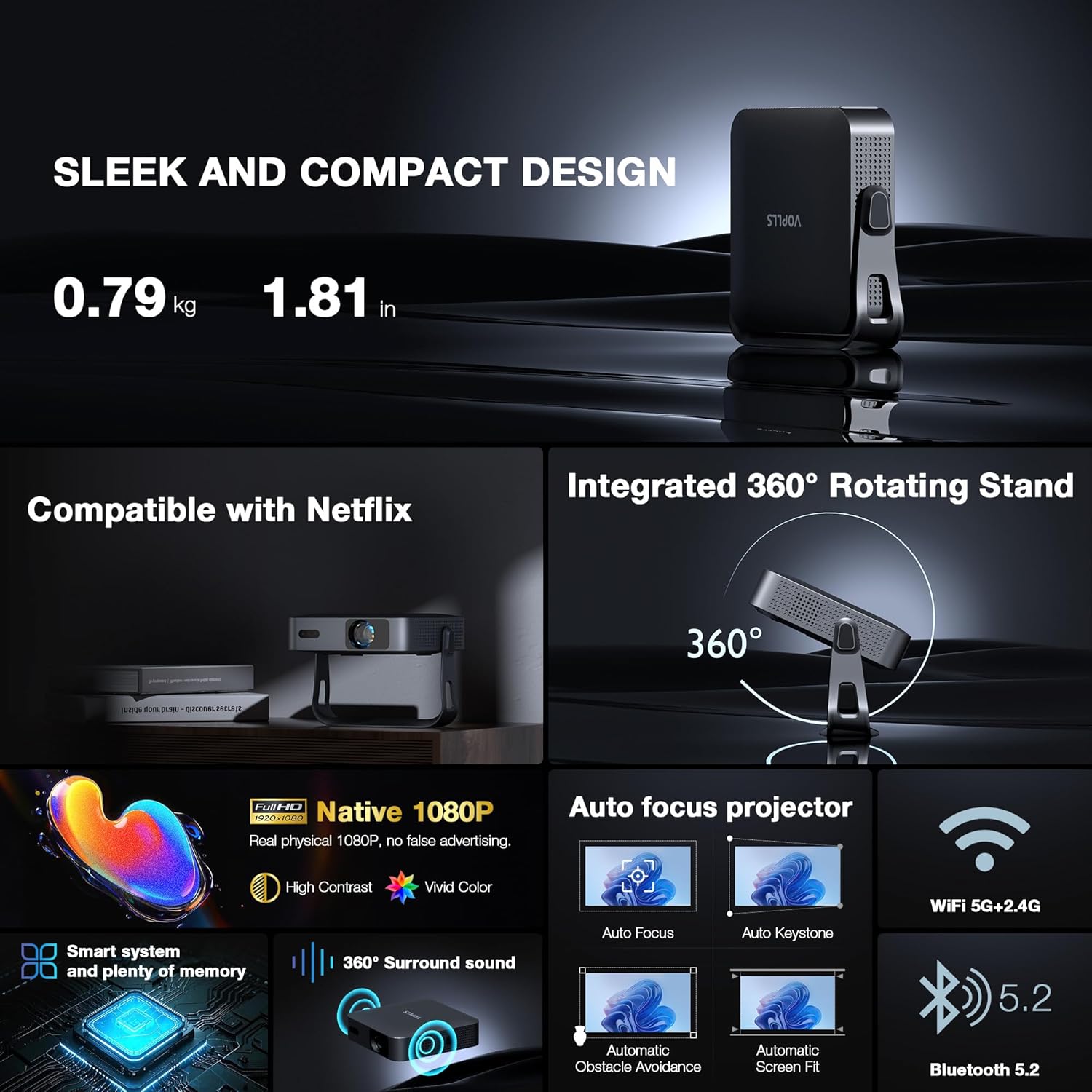 1080P Smart Mini Projector, Officially Licensed APP, 4K Supported, 1.81" Thin, WiFi Bluetooth, Auto Focus Keystone, Portable Home Outdoor Projector