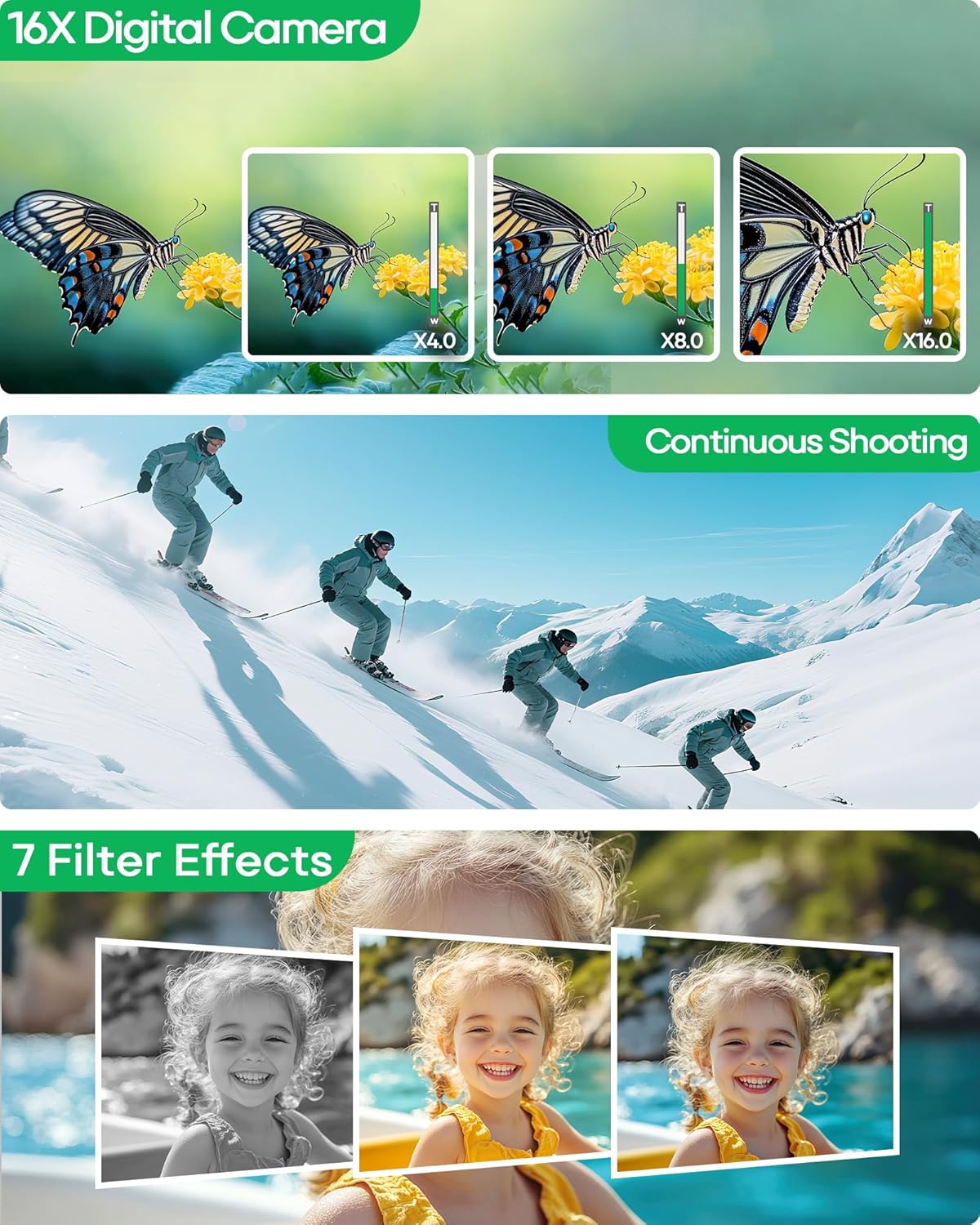 4K 64MP Autofocus Digital Vlogging Camera, 64GB Card, Built-in Battery, 16X Zoom, Self-Timer for Travel YouTube Beginners