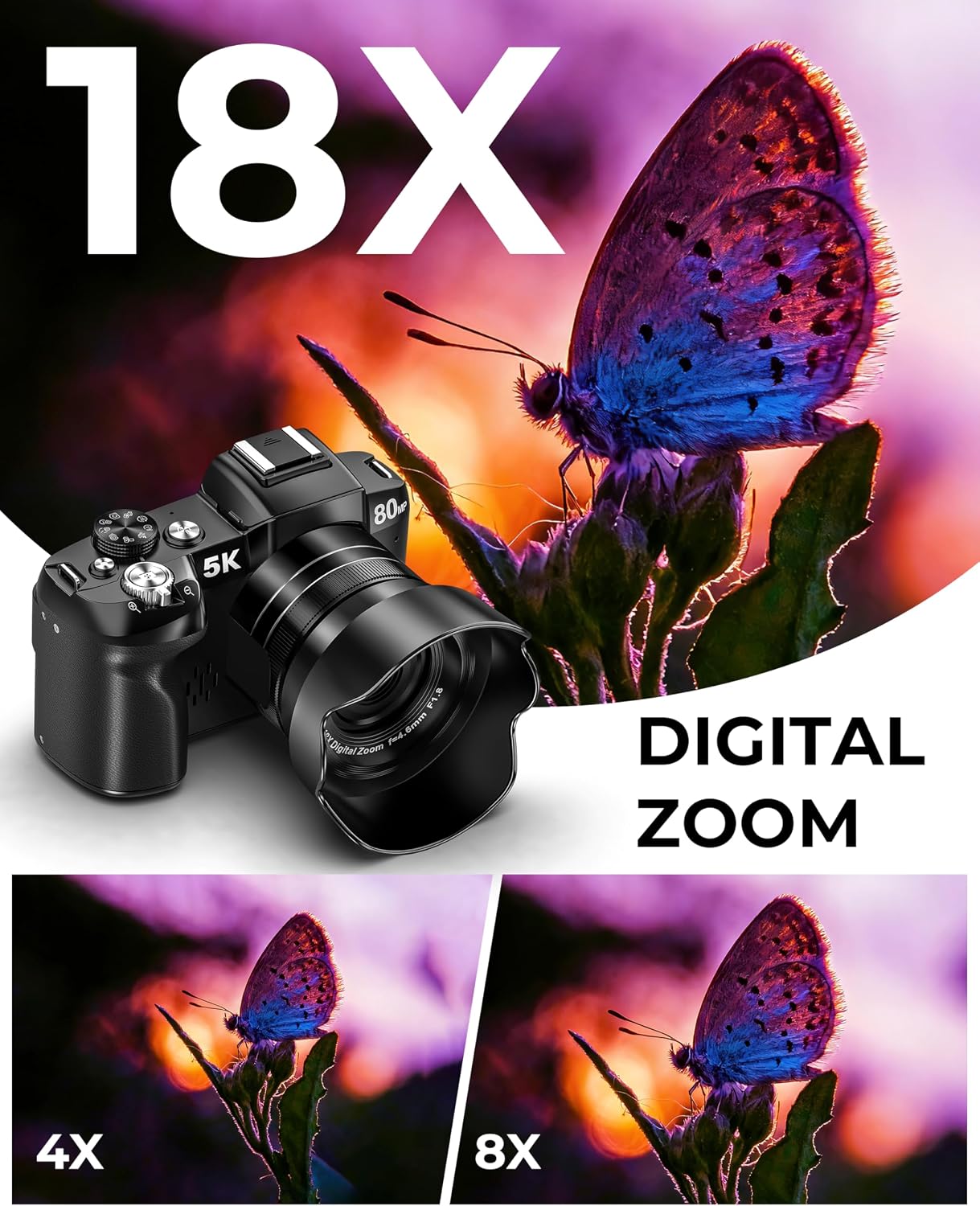 5K 80MP Fast Autofocus Digital Camera, WiFi 270° Flip Screen, 18X Zoom, Memory Card & Lens Hood, Vlogging Travel Camera for Beginners