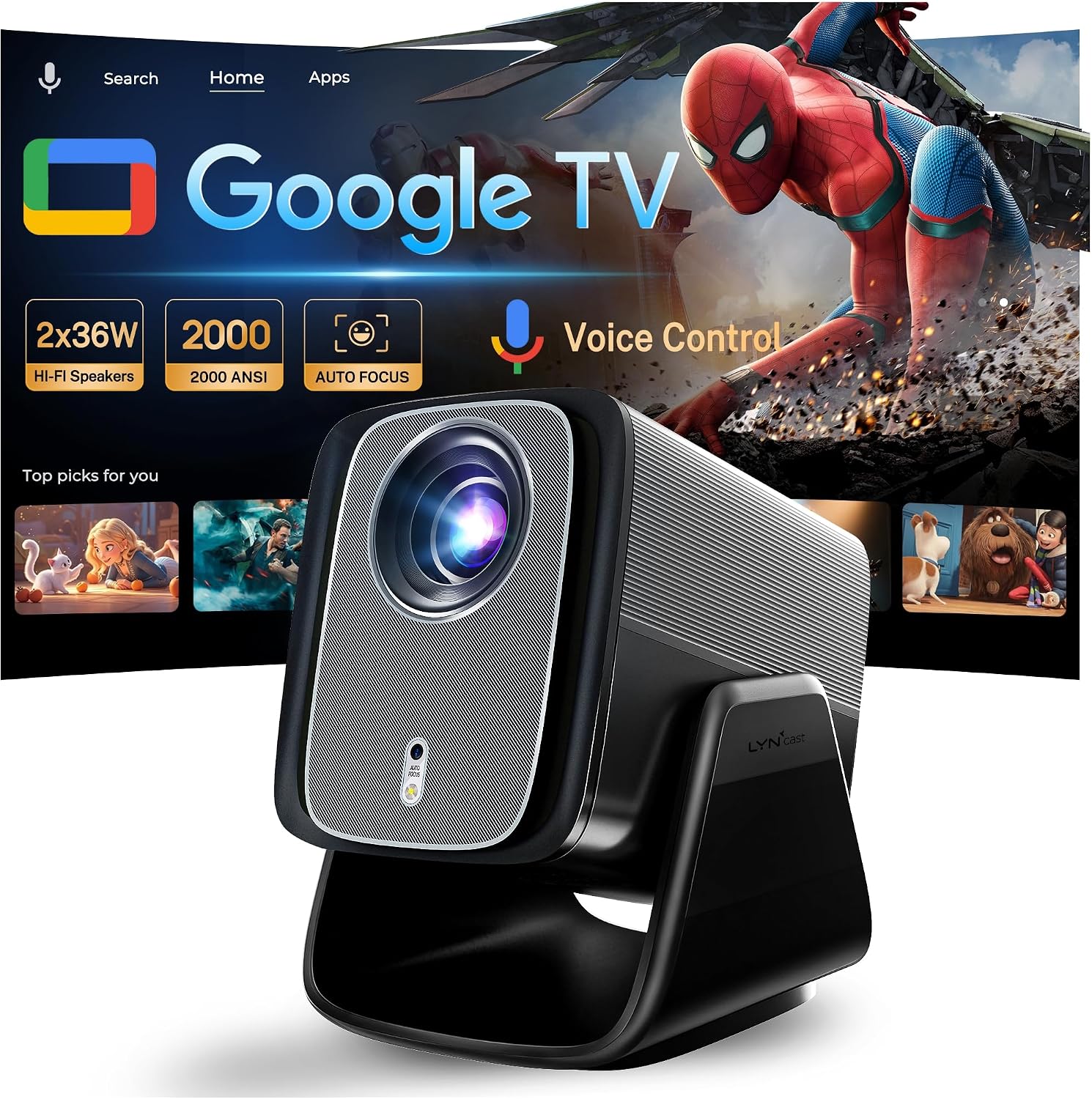 1080P Smart Projector 4K Supported, 2000 ANSI, Google TV, Voice Control, AI Auto Focus, HDR10, WiFi Bluetooth Portable Projector for Home & Outdoor