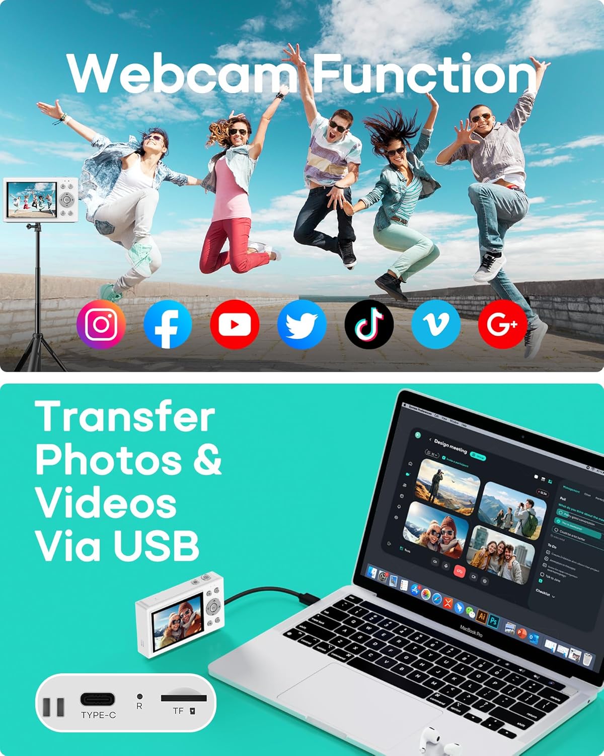 4K 64MP Autofocus Digital Vlogging Camera, 64GB Card, Built-in Battery, 16X Zoom, Self-Timer for Travel YouTube Beginners