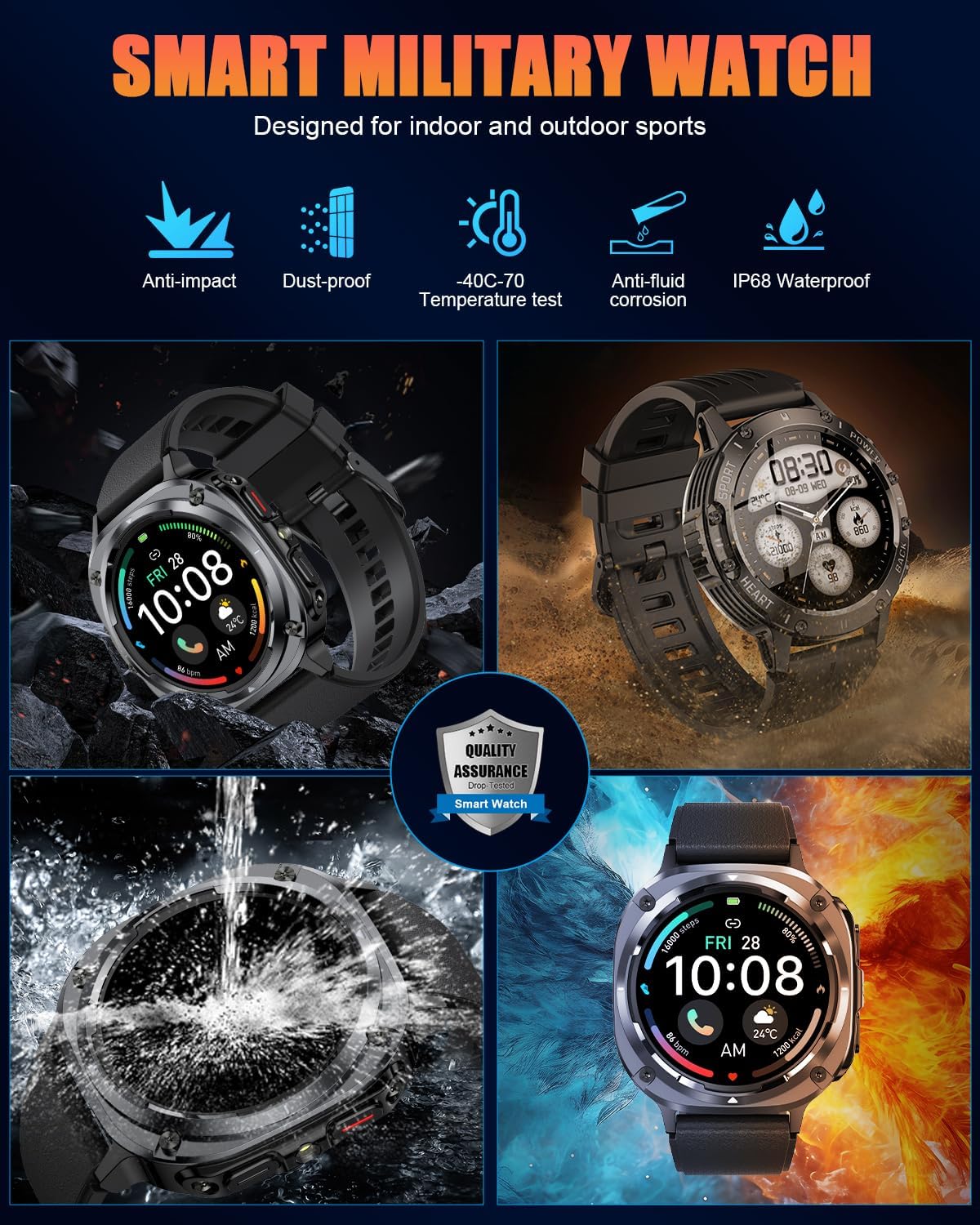 1.39" HD Military Men Smart Watch, Bluetooth Calling, IP68 Waterproof, 30 Days Battery, 114+ Sport Modes, Heart Rate Sleep Tracker for Android iOS