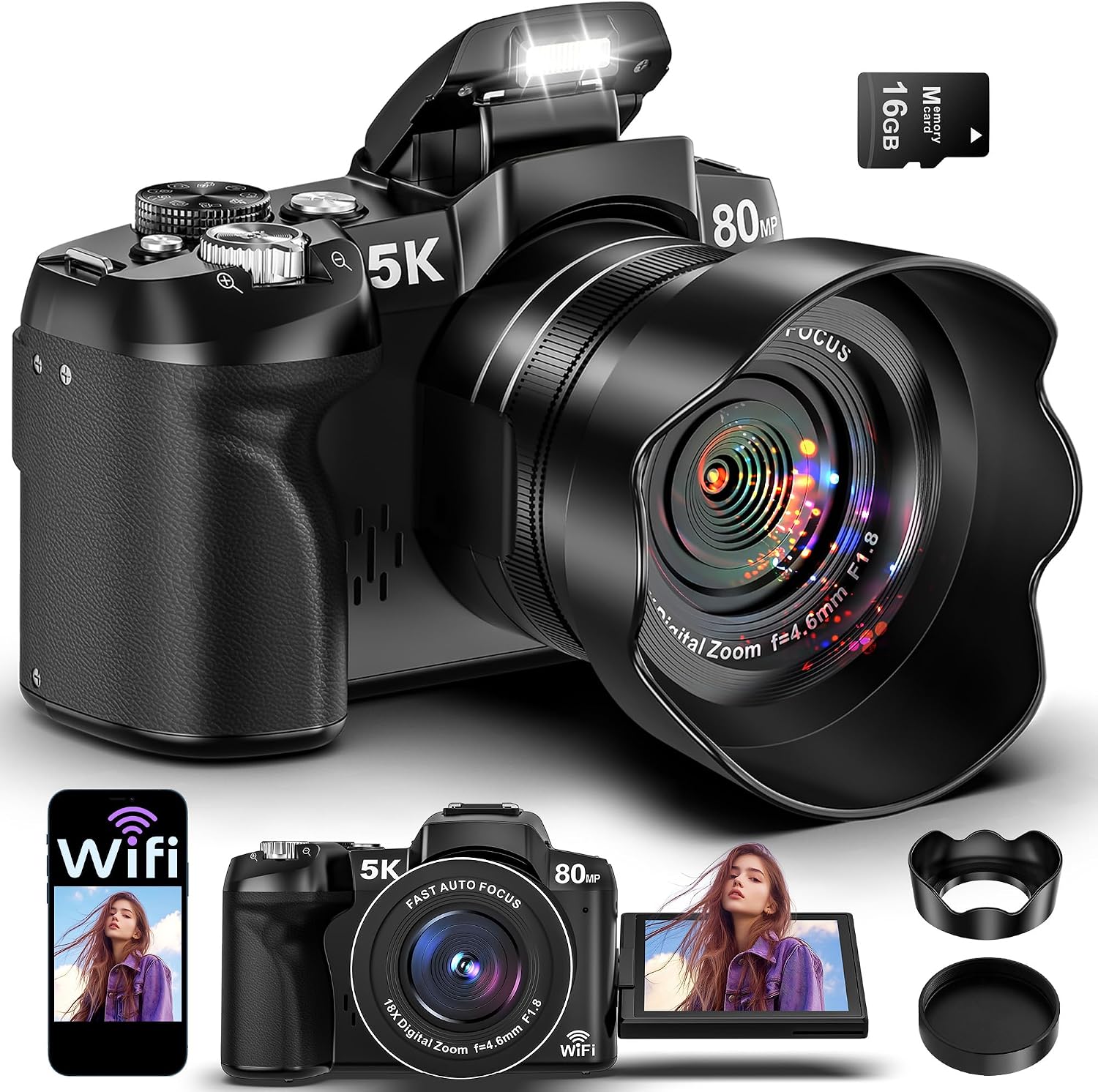 5K 80MP Fast Autofocus Digital Camera, WiFi 270° Flip Screen, 18X Zoom, Memory Card & Lens Hood, Vlogging Travel Camera for Beginners