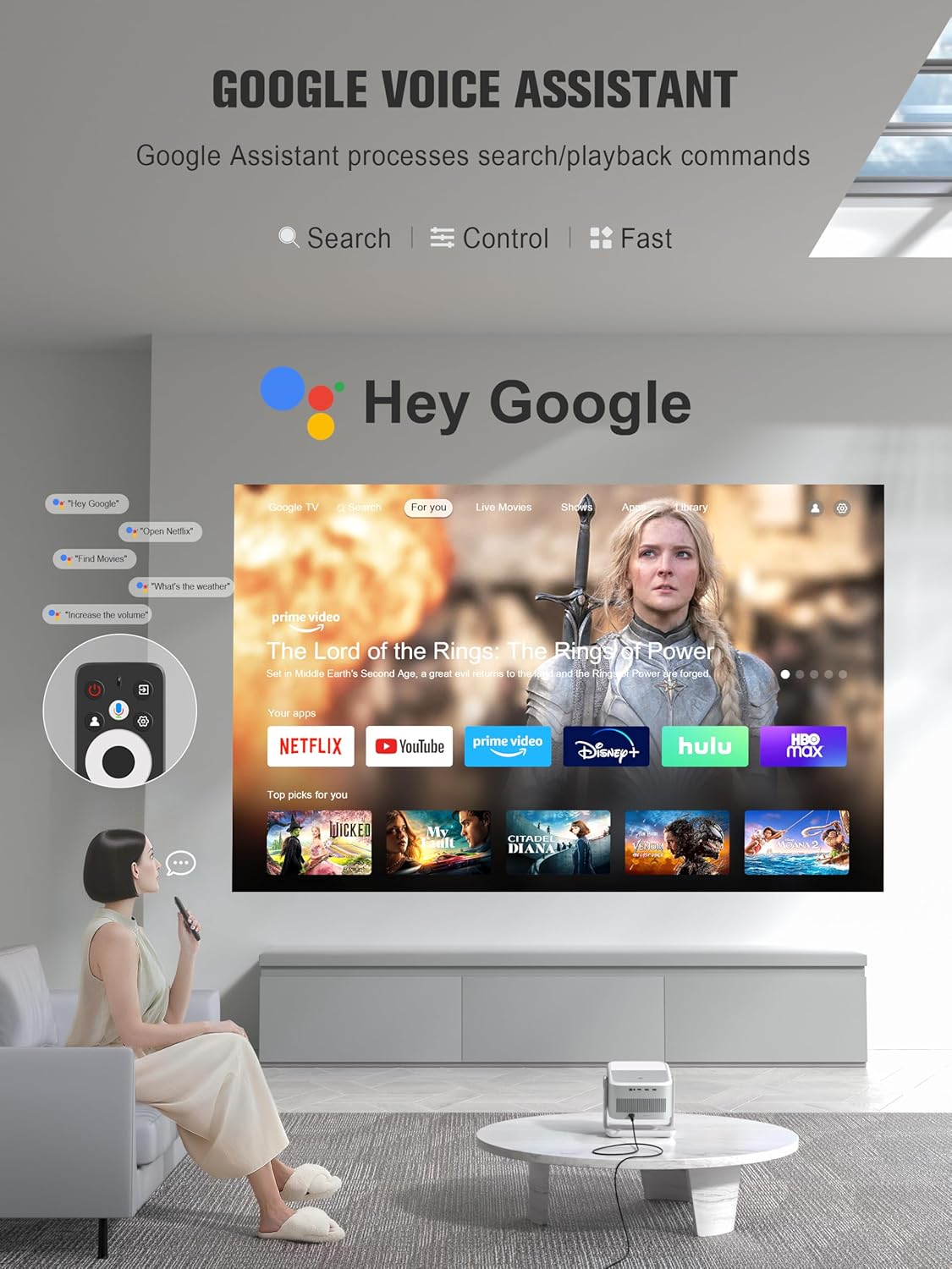 4K Google TV Smart Projector, Auto Focus & Dolby Sound, WiFi Bluetooth Portable Wireless Gaming Movie Projector for Home Outdoor