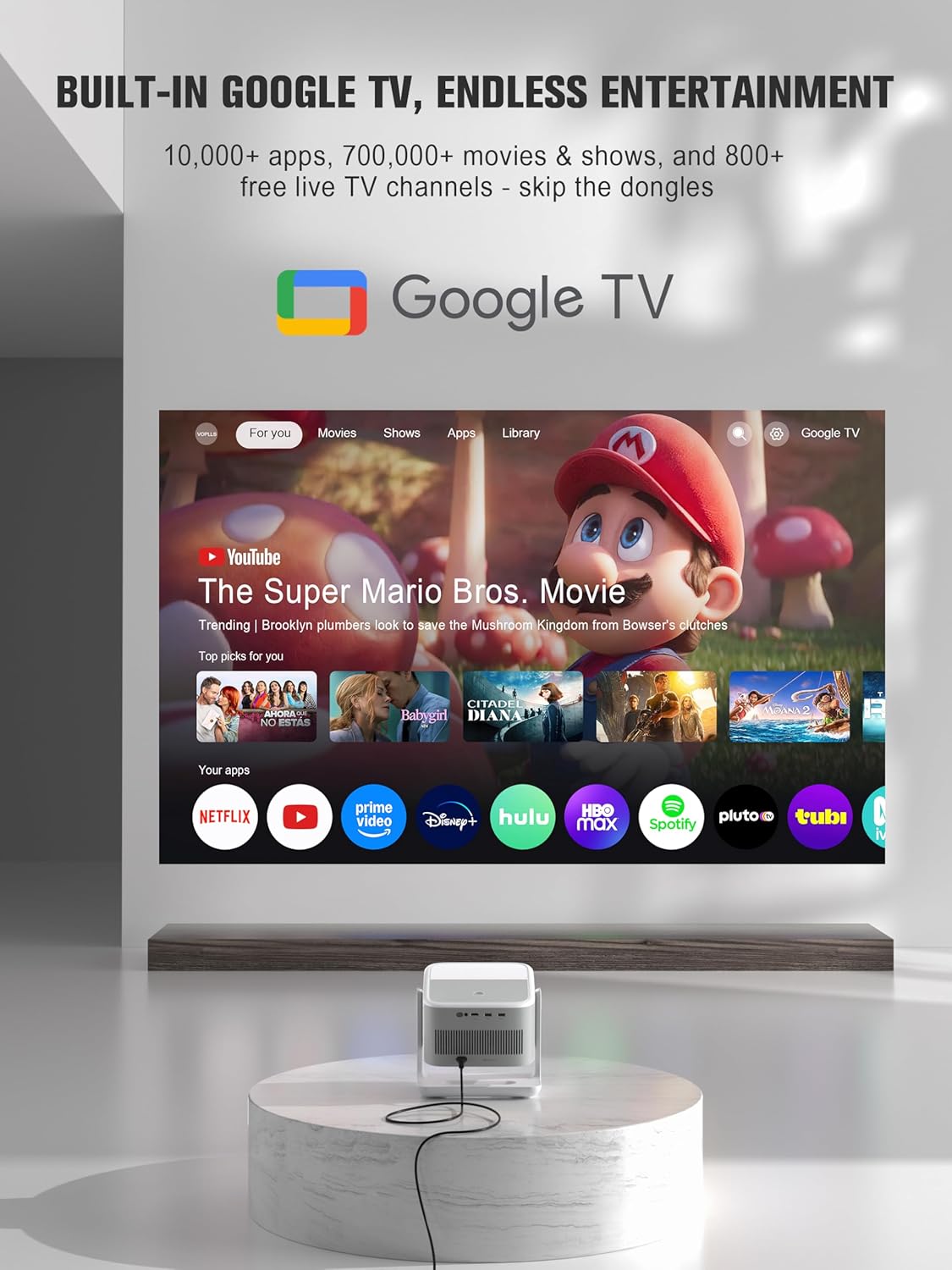 4K Google TV Smart Projector, Auto Focus & Dolby Sound, WiFi Bluetooth Portable Wireless Gaming Movie Projector for Home Outdoor
