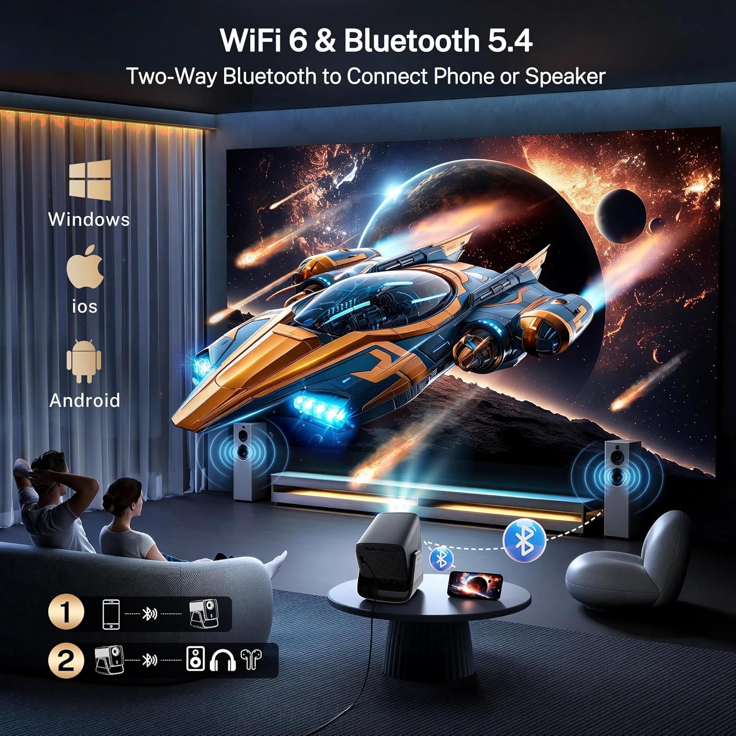 1080P Smart Projector 4K Supported, 2000 ANSI, Google TV, Voice Control, AI Auto Focus, HDR10, WiFi Bluetooth Portable Projector for Home & Outdoor