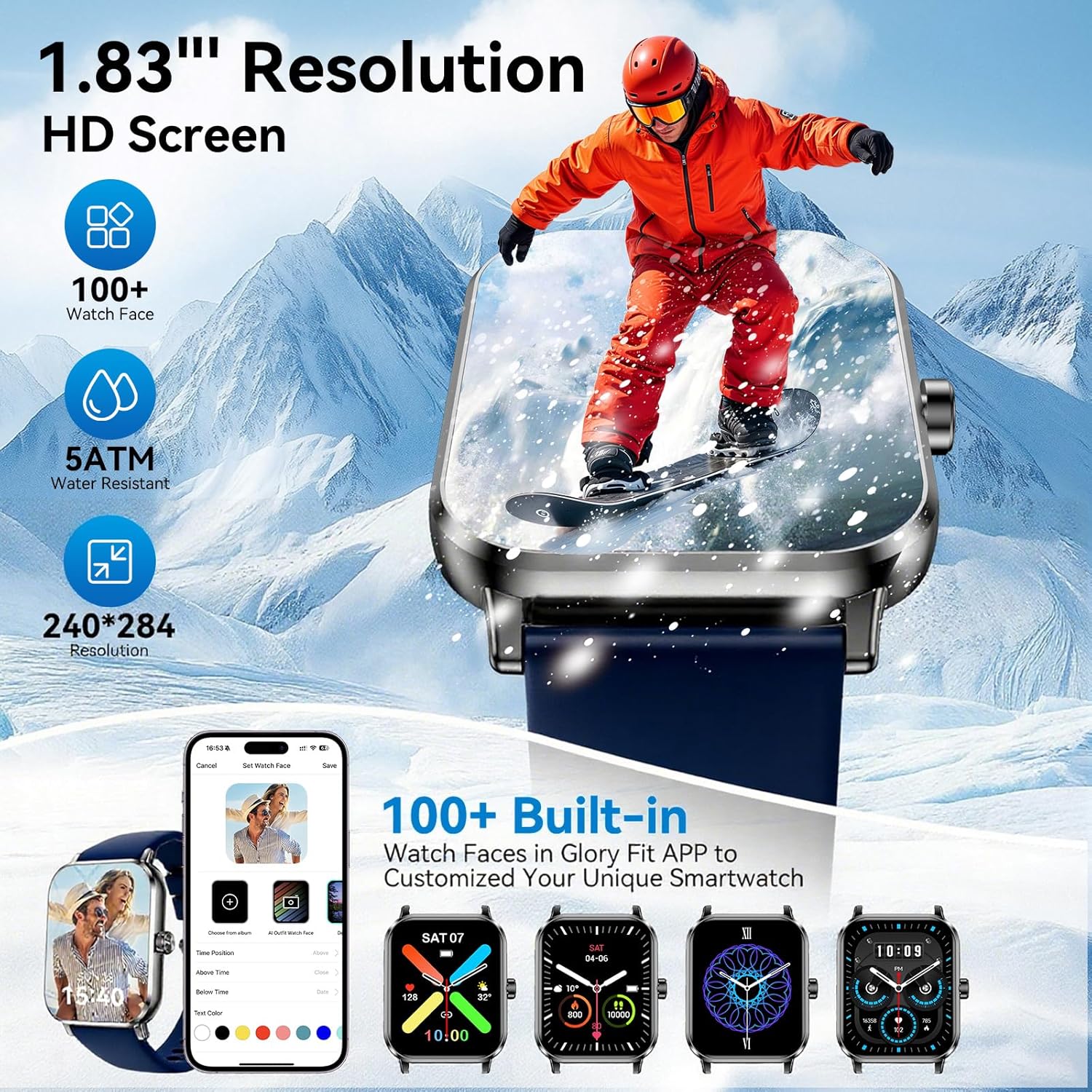 1.83" HD Smart Watch, Bluetooth Calling, 5ATM Waterproof, 130+ Sport Modes, Heart Rate Sleep Pedometer Fitness Tracker for Men Women Android iPhone