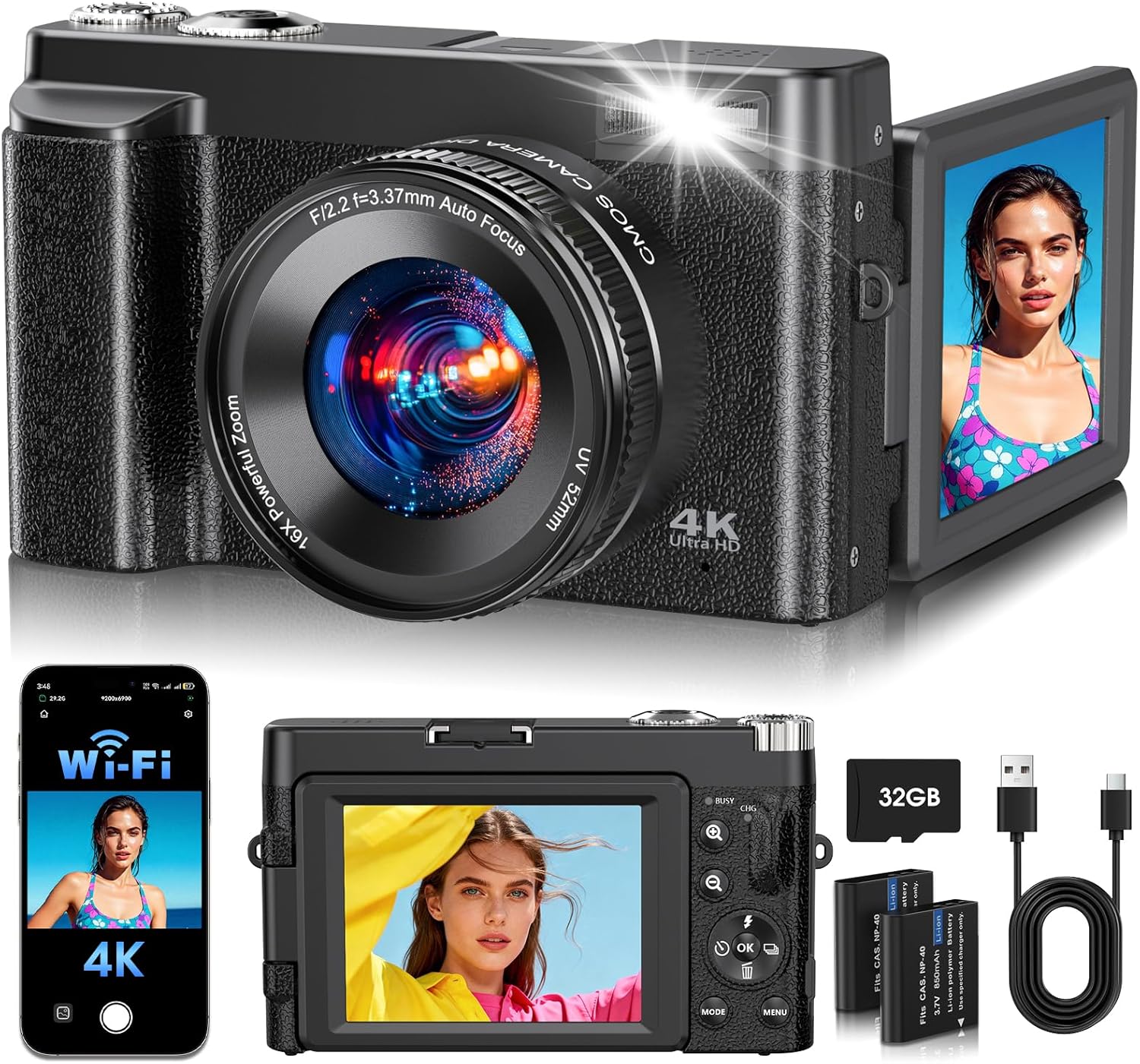 4K 64MP Autofocus Digital Camera, WiFi 180° Flip Screen, 16X Zoom Anti-Shake, Webcam Filters, 32GB Card 2 Batteries, Black Compact Vlogging Camera for Travel YouTube
