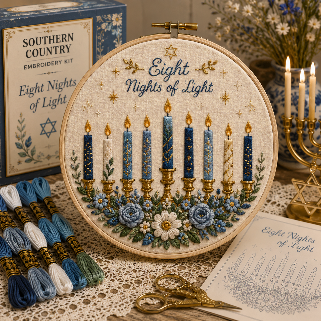 ✨ Hanukkah DIY Embroidery Kit – 5 Beautiful Festival of Lights Designs
