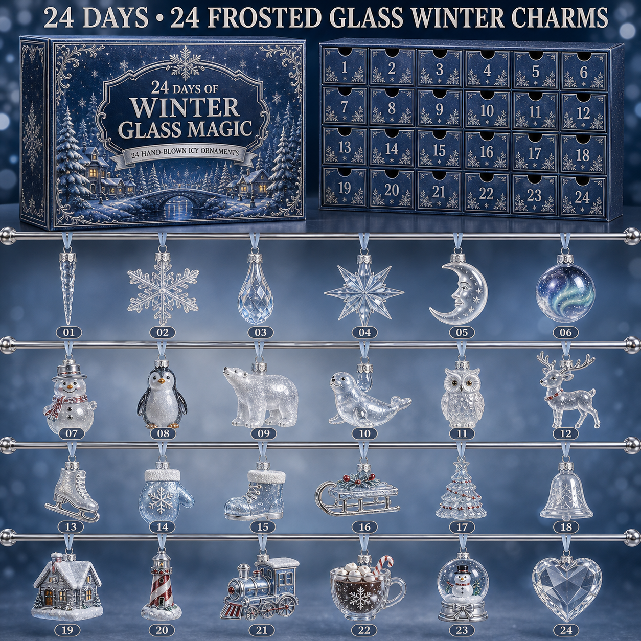 🎄24 Days of Winter Glass Magic Advent Calendar – 24 Frosted Crystal-Style Christmas Ornaments