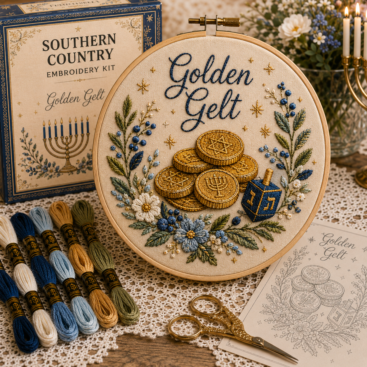 ✨ Hanukkah DIY Embroidery Kit – 5 Beautiful Festival of Lights Designs