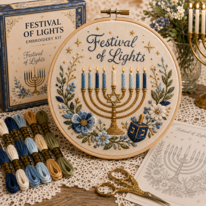 ✨ Hanukkah DIY Embroidery Kit – 5 Beautiful Festival of Lights Designs