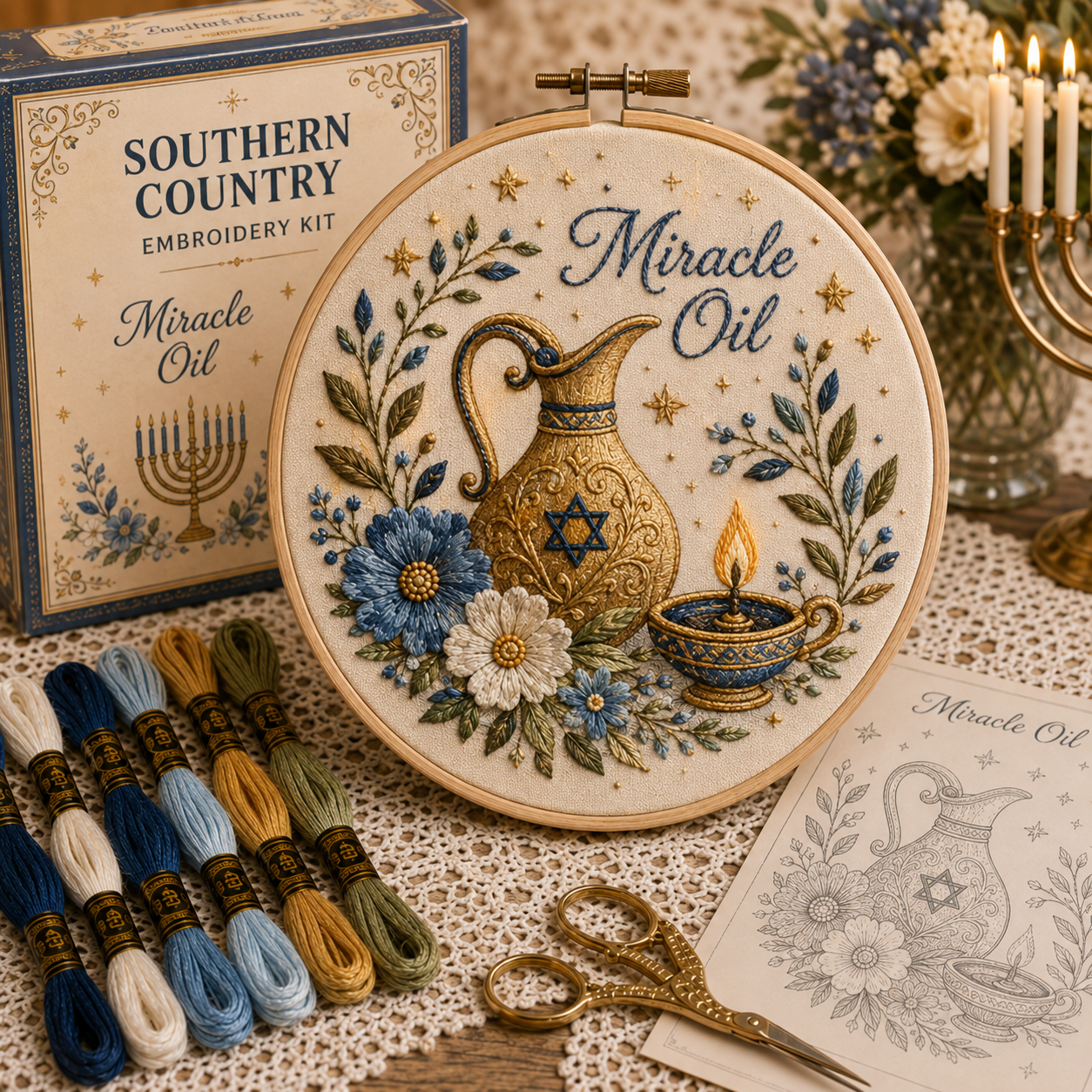 ✨ Hanukkah DIY Embroidery Kit – 5 Beautiful Festival of Lights Designs