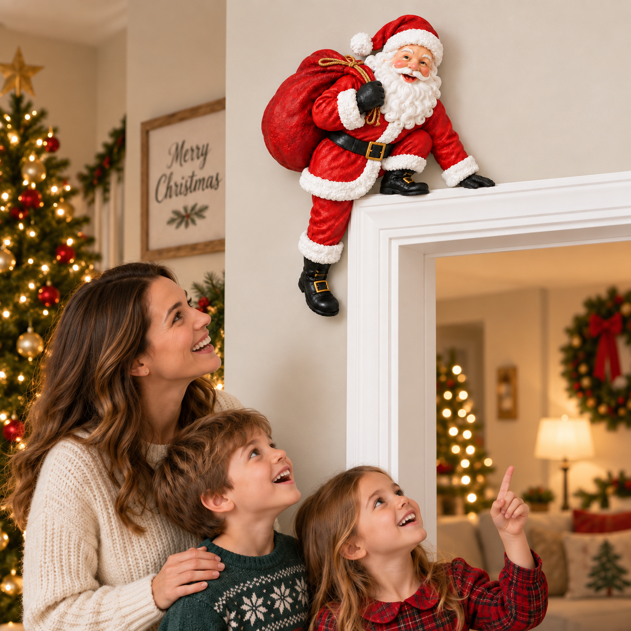 🎄 Christmas Door Frame Story Decor – Santa, Reindeer, Elf & Sleigh Holiday Topper Collection