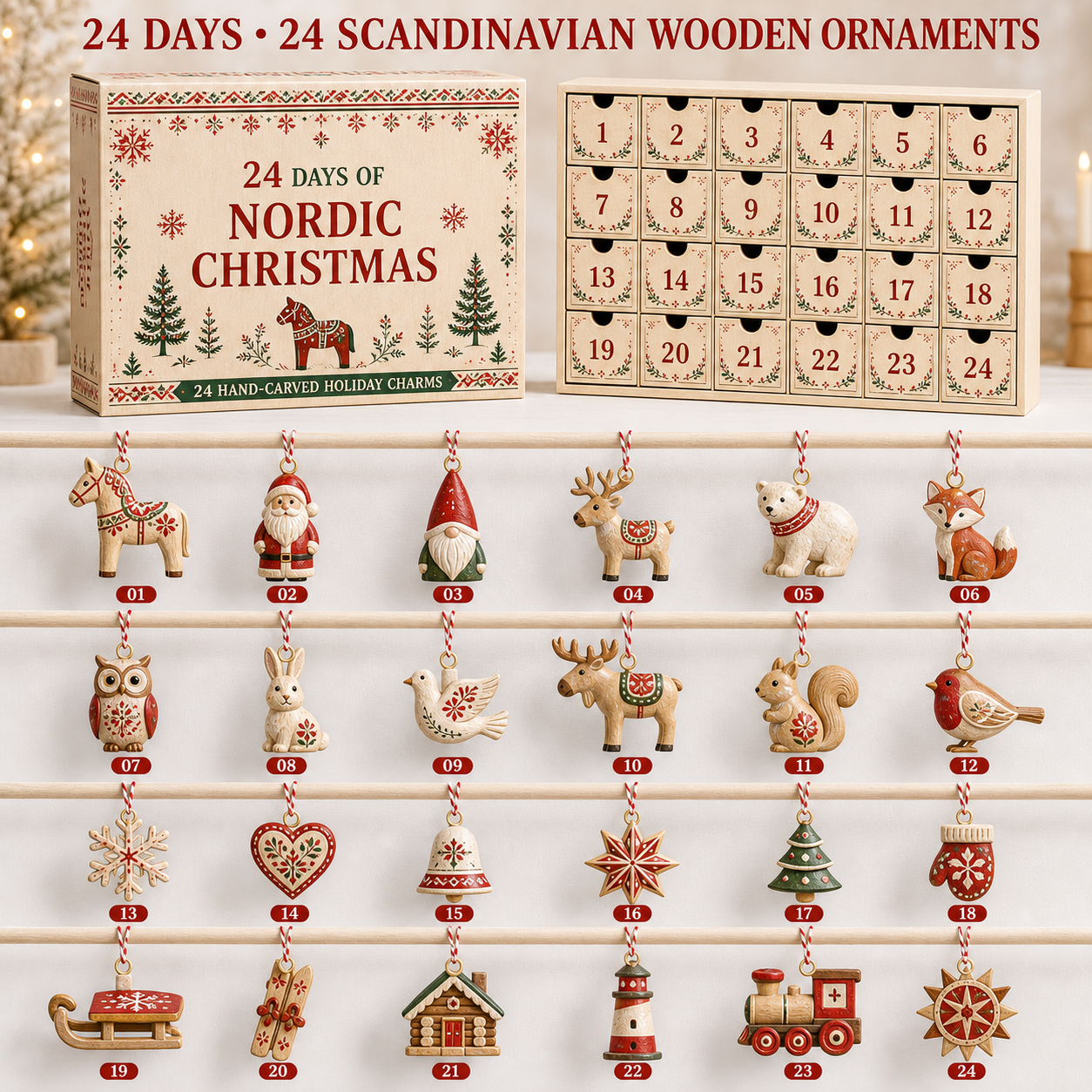 ❄️24 Days of Nordic Christmas Advent Calendar – 24 Scandinavian-Style Wooden Holiday Ornaments