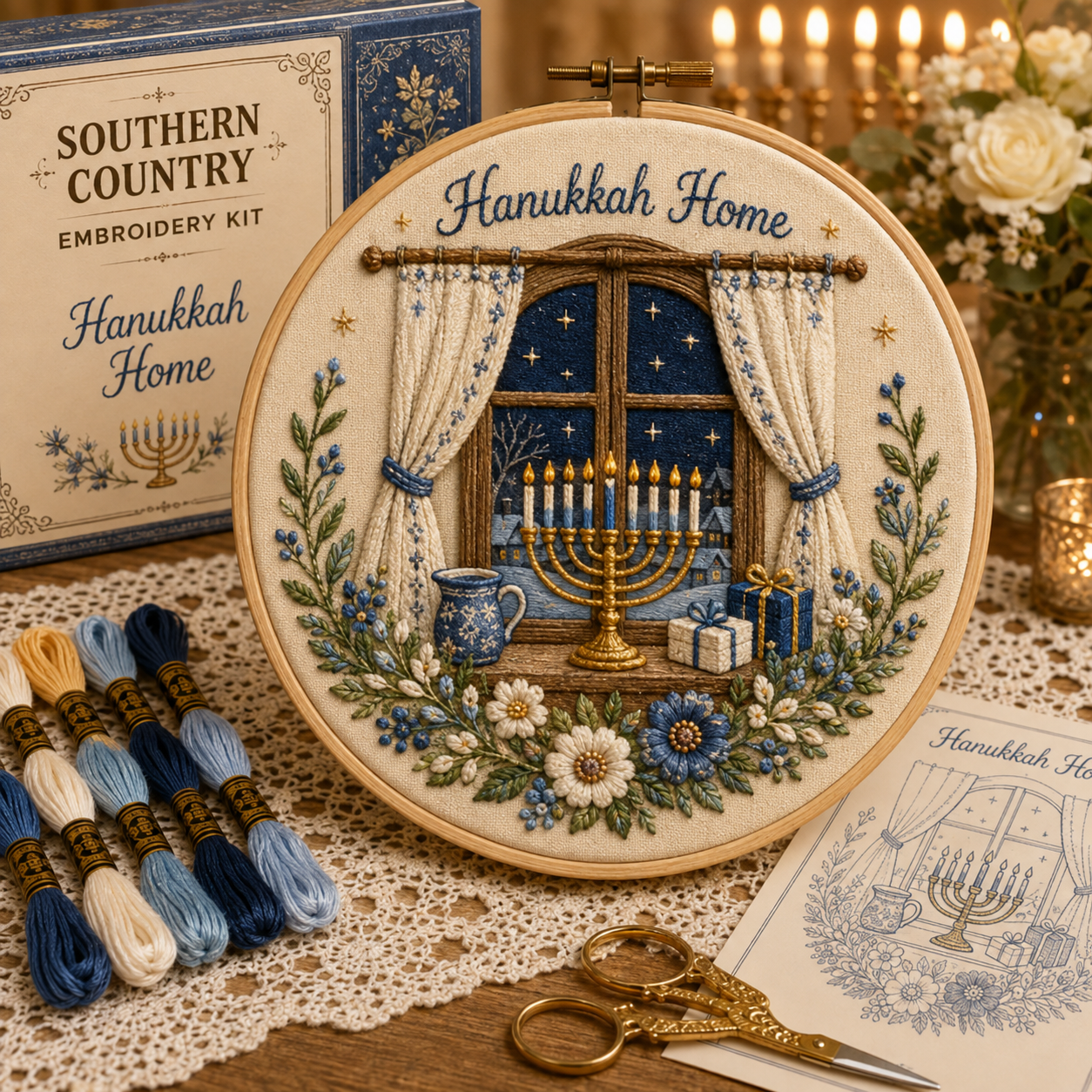 ✨ Hanukkah DIY Embroidery Kit – 5 Beautiful Festival of Lights Designs