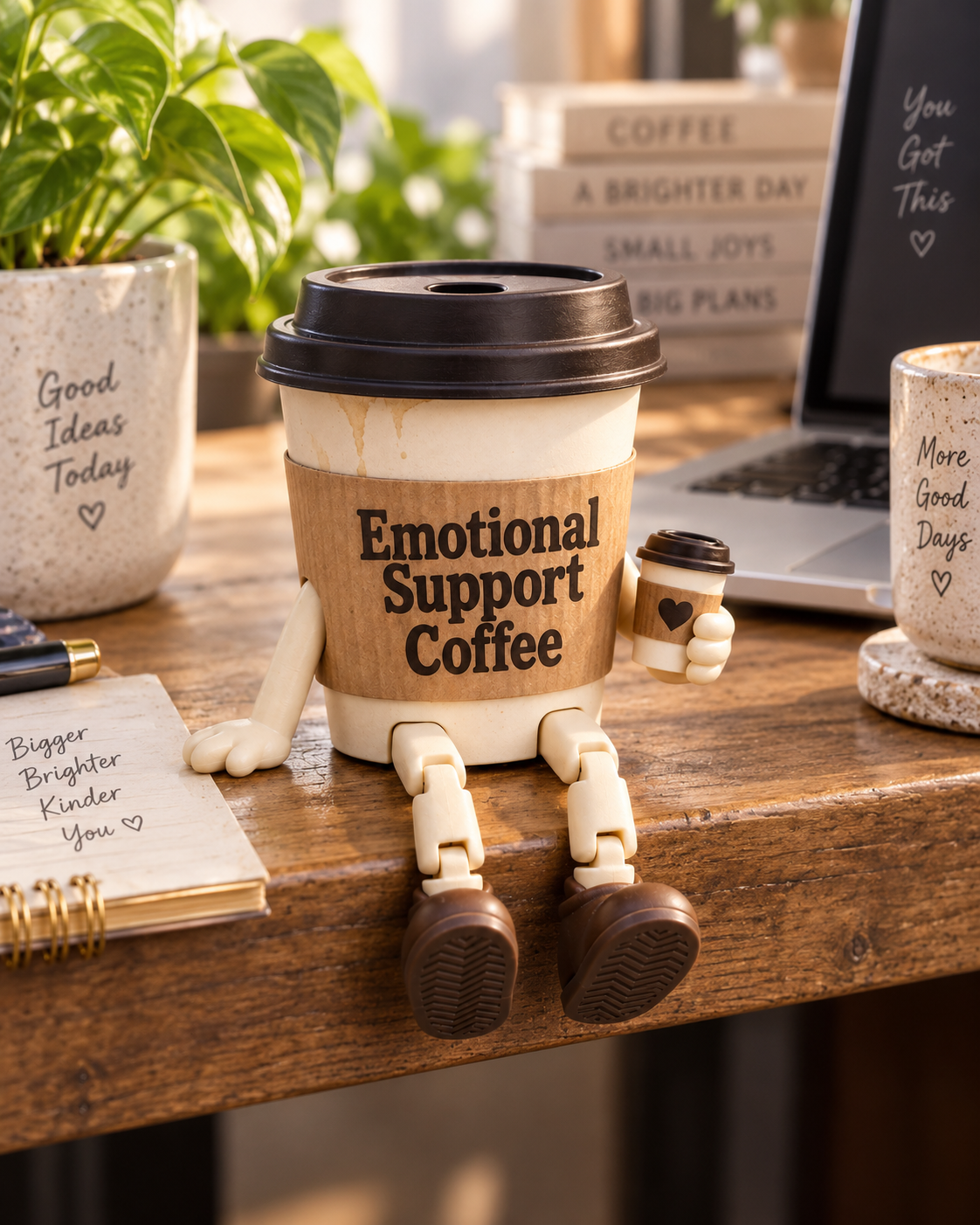 Emotional Support Coffee figurine holding a miniature coffee cup