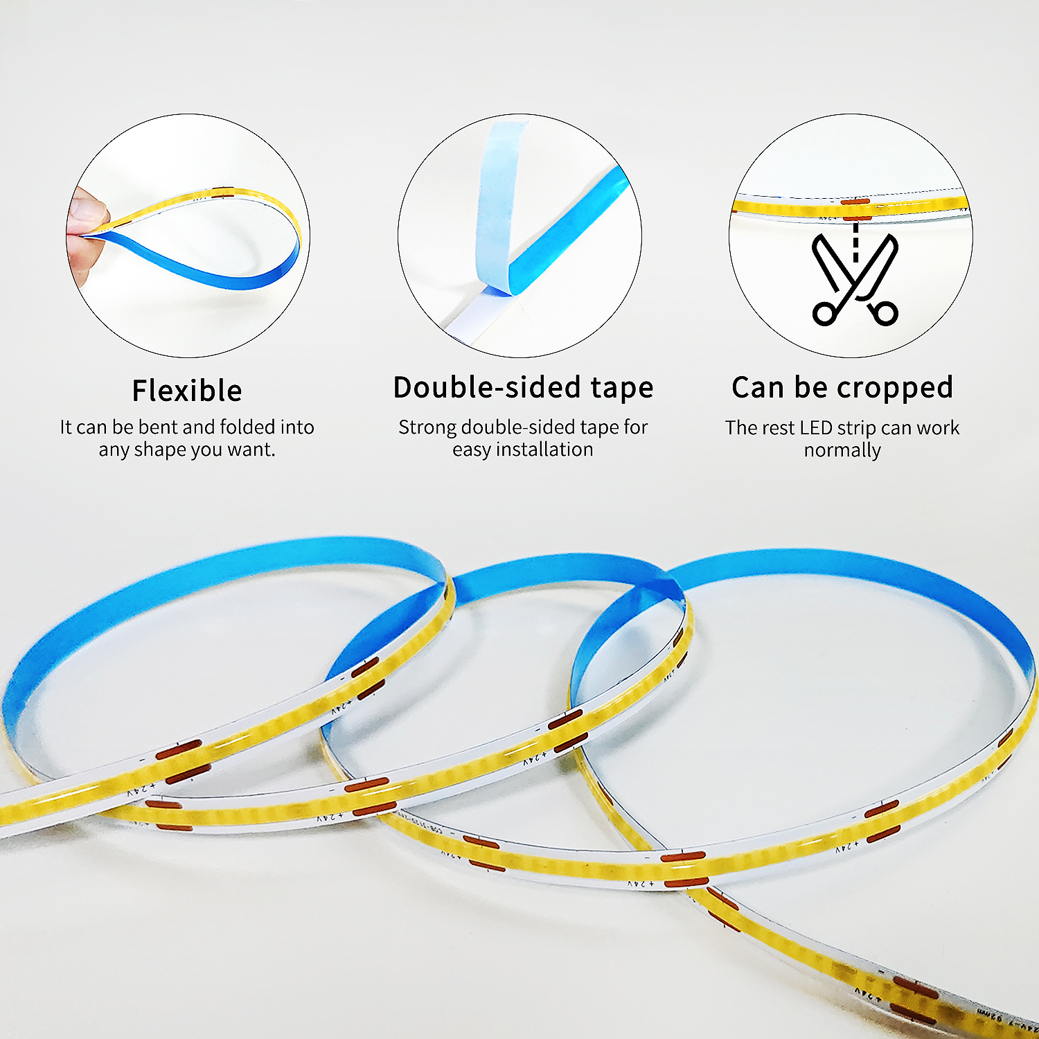 COB LED Strip Light DC 24V Adjustable Light Warm White Flexible LED Rope Light For Bedroom, With Remote Control And Application Control LED Strip For Living Room, Shelves, Cabinets